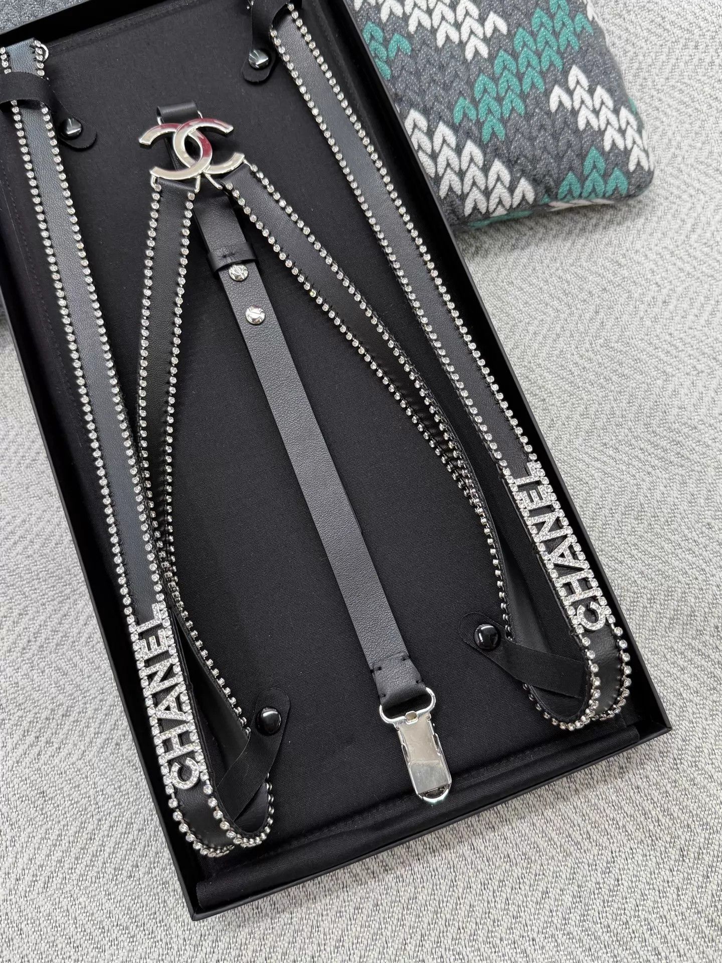 Chanel Chanel Black Rhinestone Logo Leather Suspenders NIB Size ONE SIZE - 2 Thumbnail