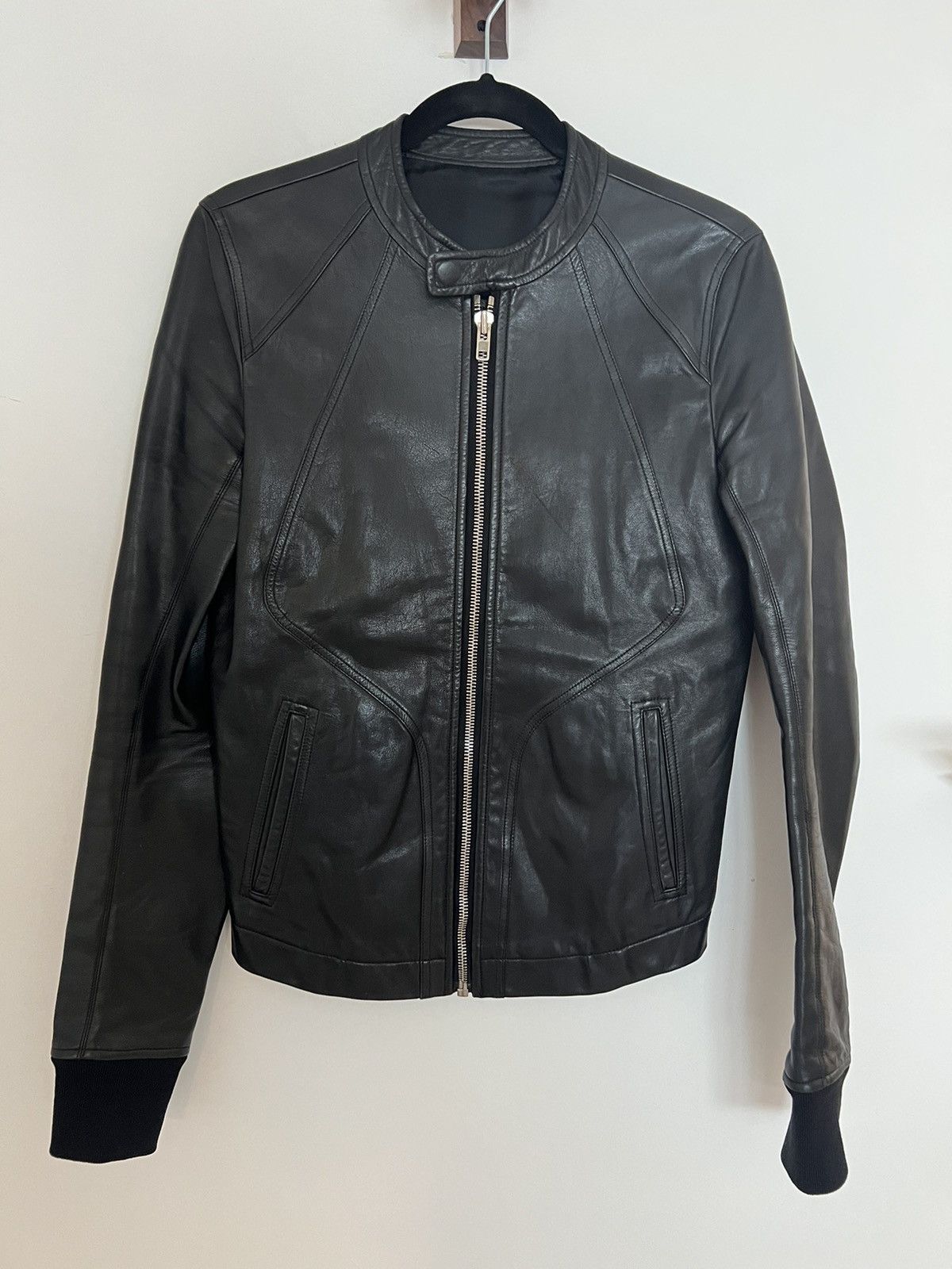 image of Rick Owens Calf Leather Cafe Racer Jacket in Black, Men's (Size Medium)
