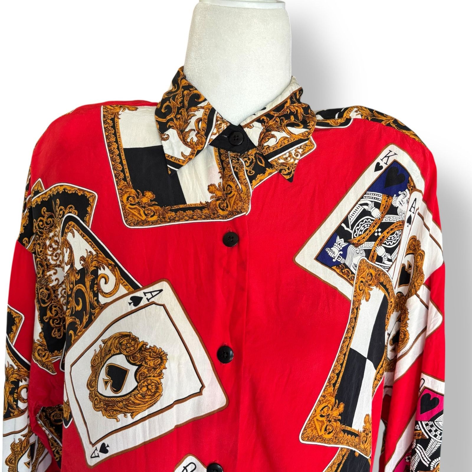 Vintage Vintage 90s Ellen Tracy Red Silk Shirt Playing Card Print Size S / US 4 / IT 40 - 2 Thumbnail
