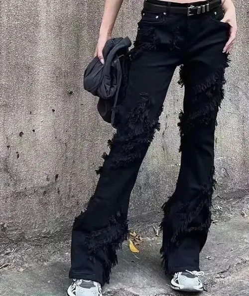 VIBE High Street Ripped Tassel Frayed Black Flare Jeans Pant Size US 30 / EU 46 - 6 Thumbnail