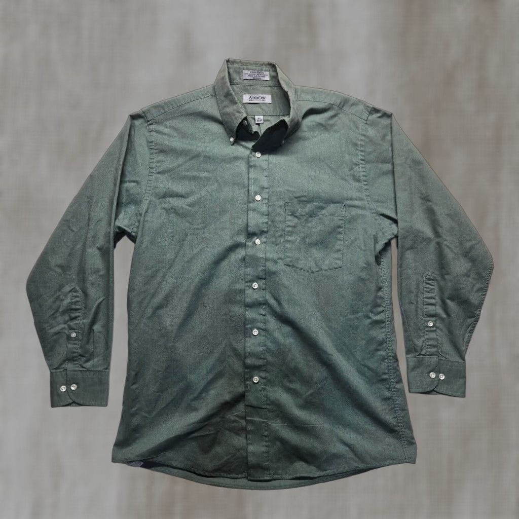 Arrow VINTAGE Arrow Men's Long Sleeve Button-Up Shirt Green Satin Cotton-Blend 90s Mens Size US L / EU 52-54 / 3 - 1 Thumbnail