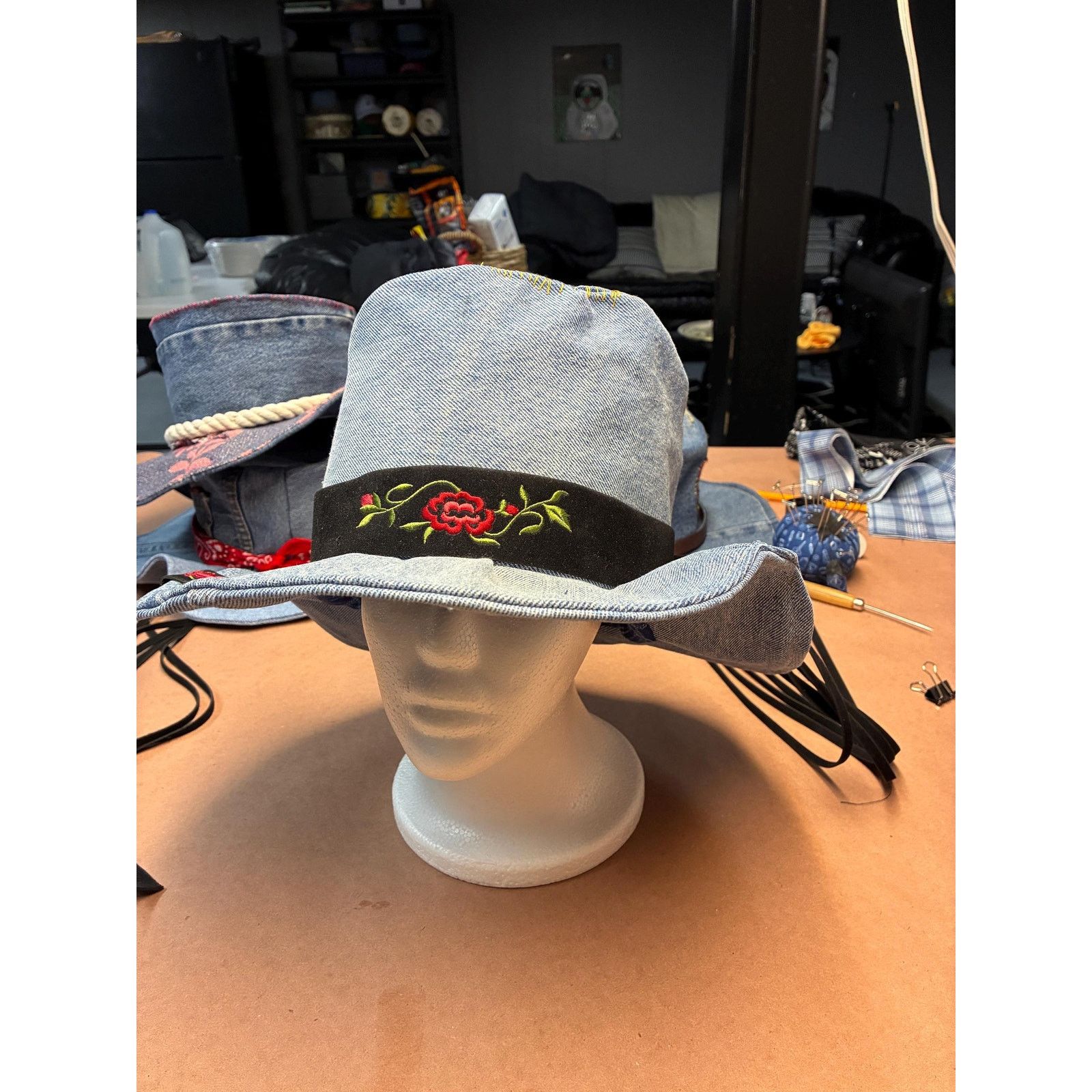 Other Upcycled Denim Western Hat — Embroidered Rose Band, Blue Size ONE SIZE - 6 Thumbnail