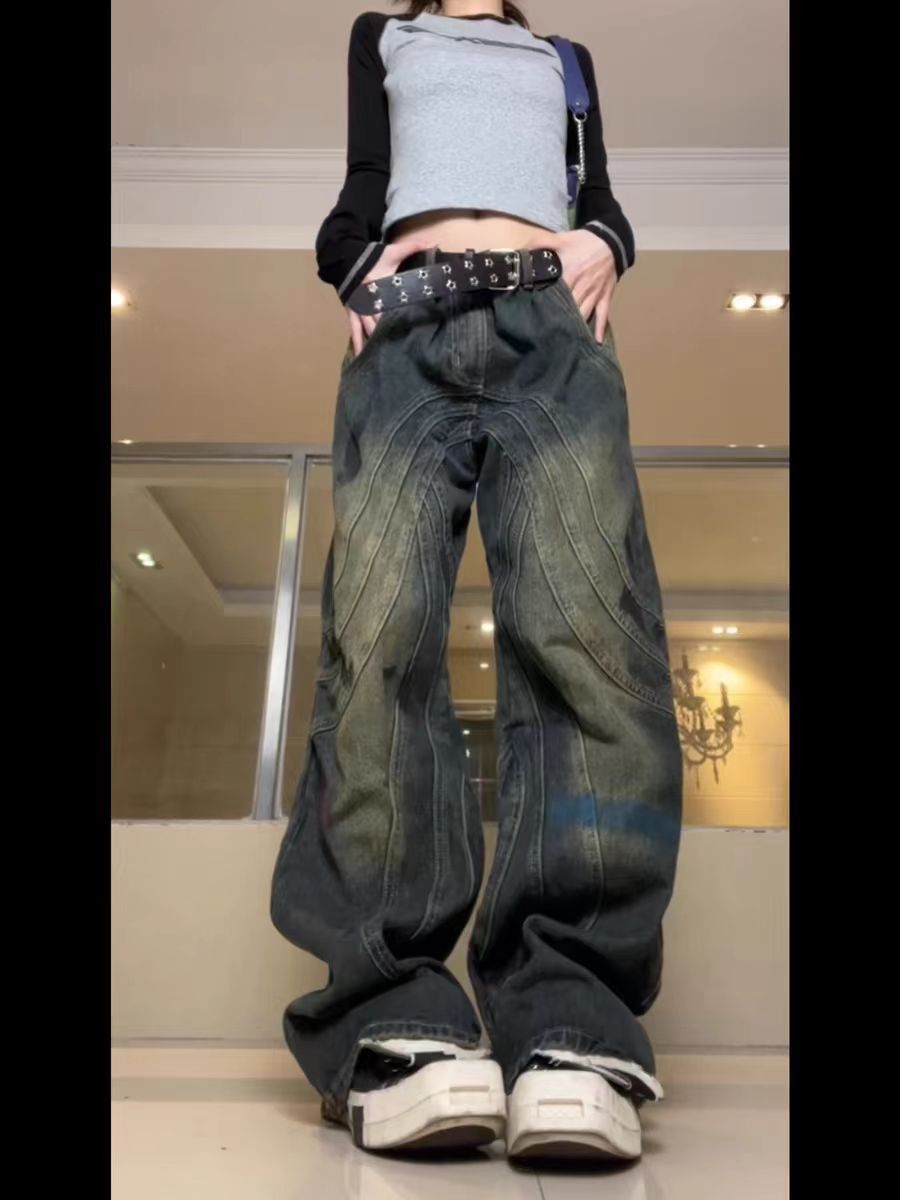 Retro patchwork distressed ink-splashed baggy denim trousers