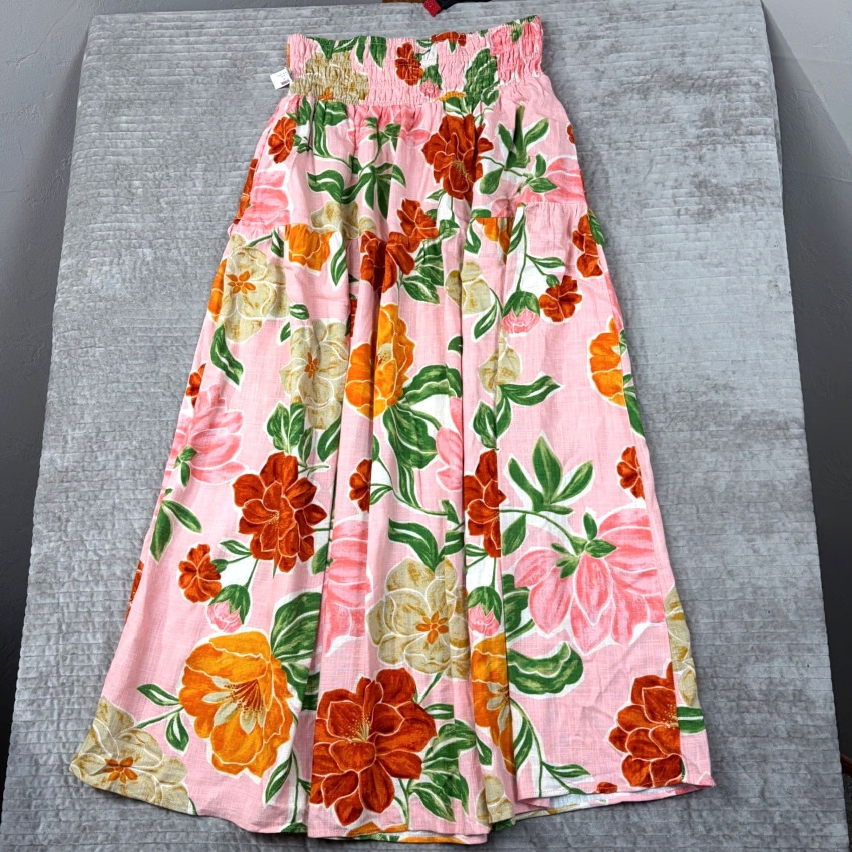 Vintage Paper Heart Floral Maxi Skirt XL Pink Linen Blend Smocked Tiered Boho Tropical Linen Rayon Smocked Elastic Waist Pockets Pink Floral Size 40" / US 18 - 8 Thumbnail