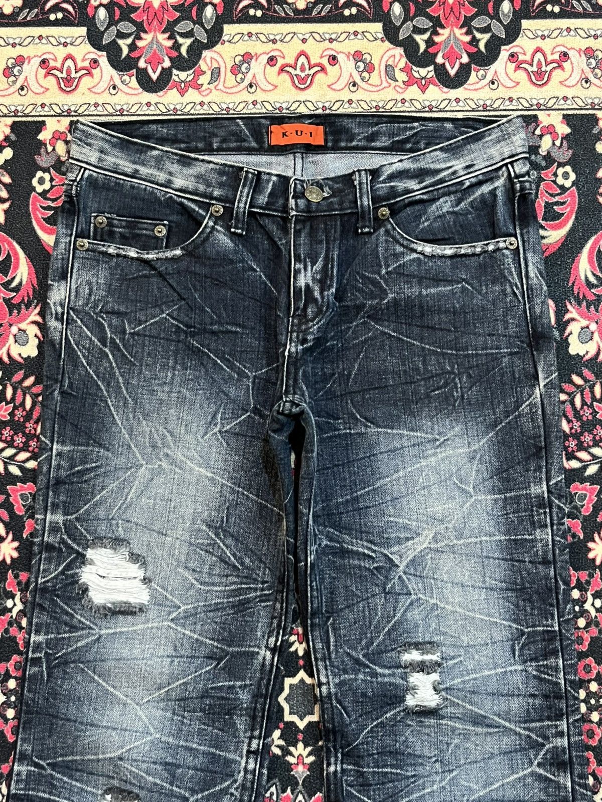Tornado Mart K.U.I Dark Cracked Washed Distressed Flare Jeans Size US 32 / EU 48 - 4 Thumbnail