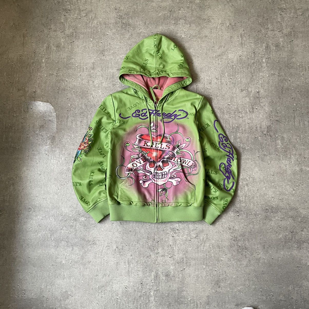 Rare❗️Vintage Ed-Hardy Overprint Leather Jacket