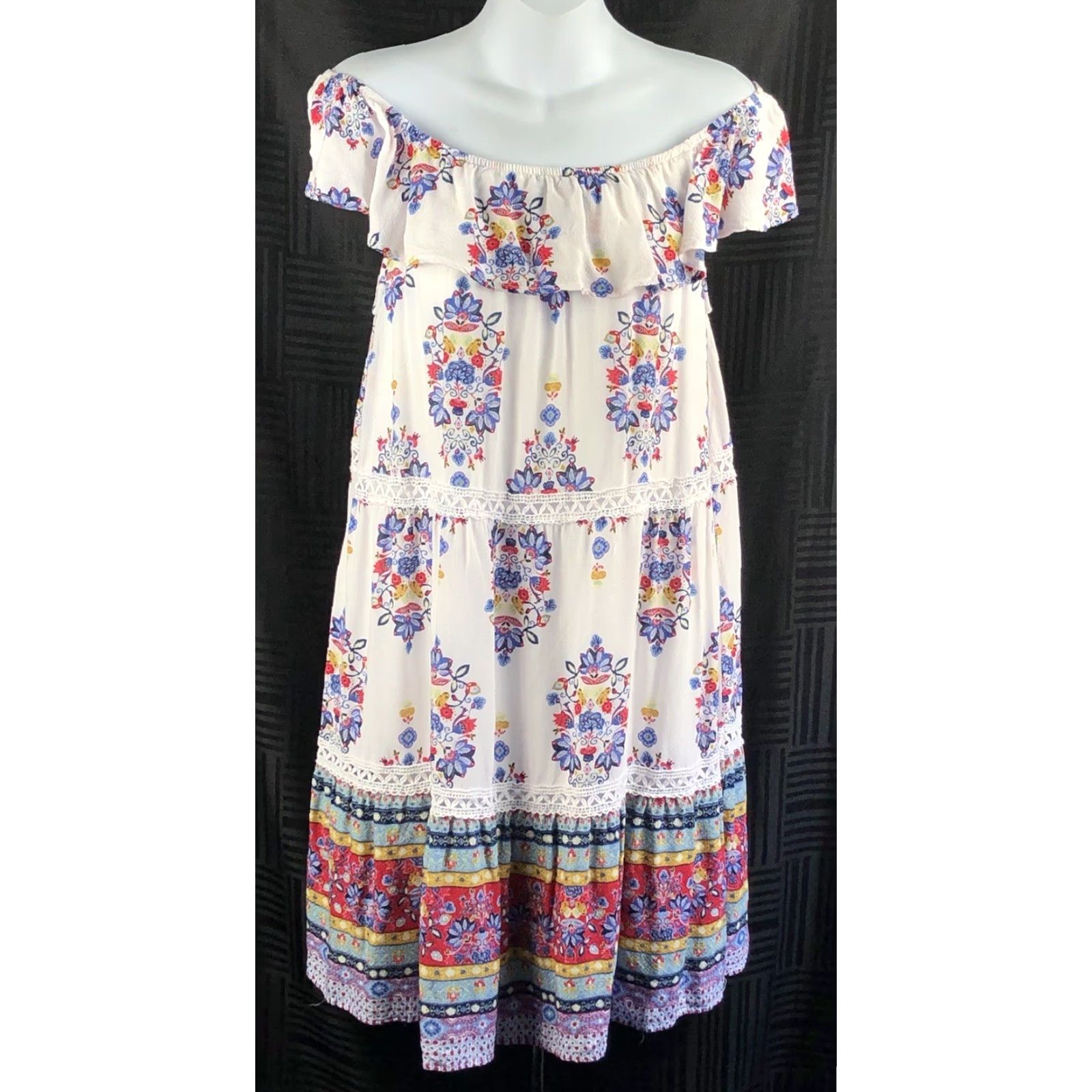 Vintage VINTAGE Off Shoulder Mini Dress M Floral Ruffle Flared Boho Peasant Prairie Size M / US 6-8 / IT 42-44 - 2 Thumbnail