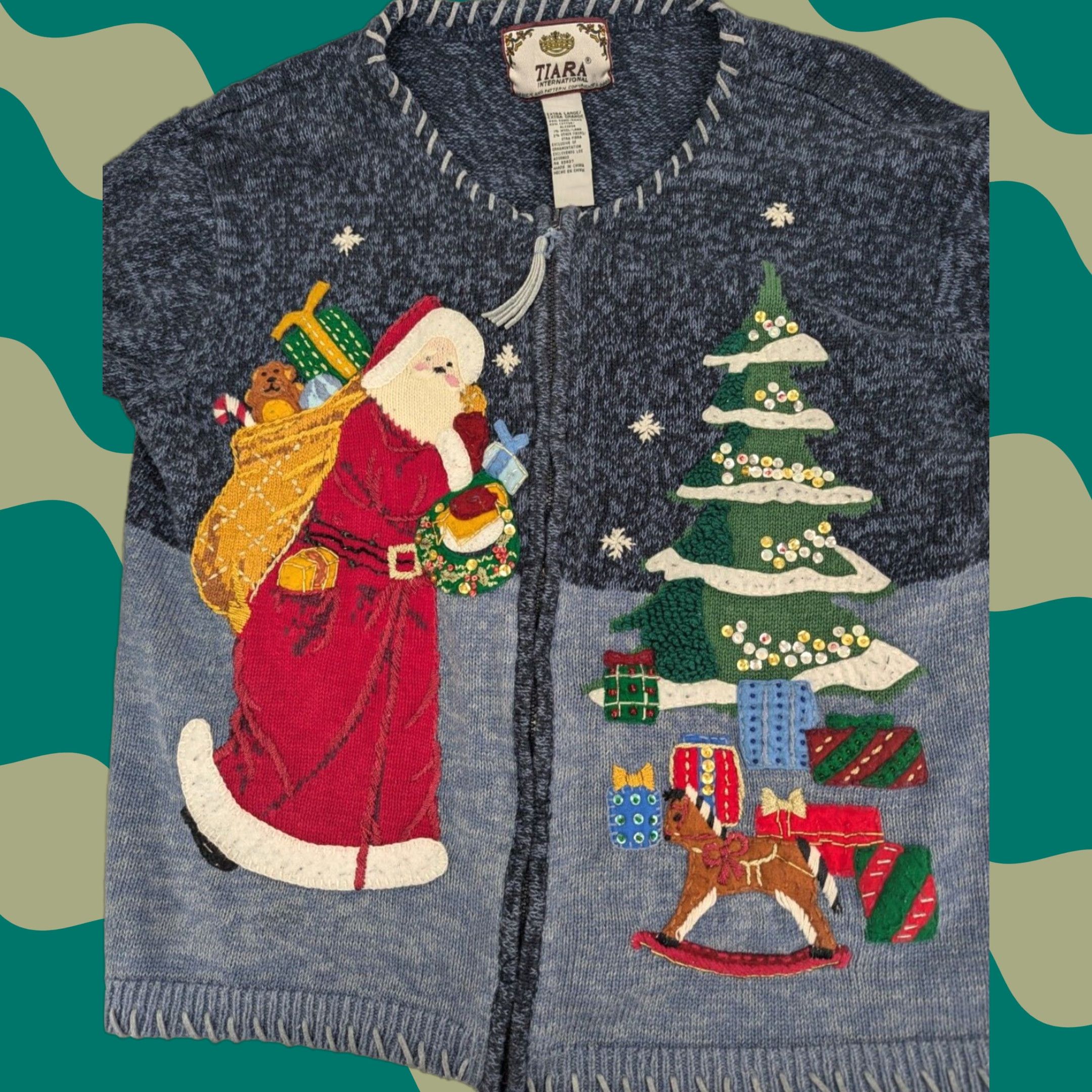 Vintage VINTAGE Holiday Tiara International Blue Santa & Tree Christmas Holiday Zip Sweater Cardigan Size XL / US 12-14 / IT 48-50 - 1 Thumbnail