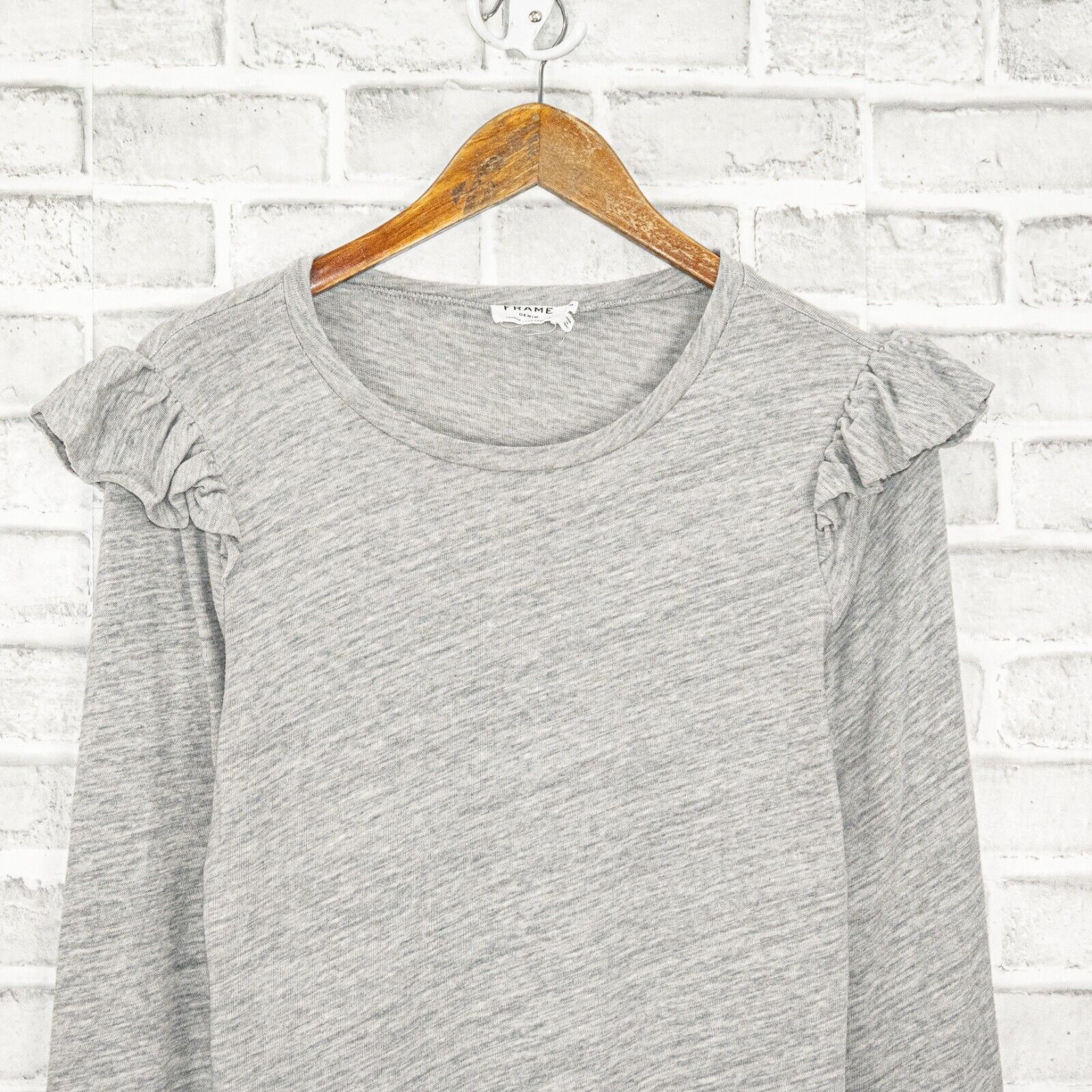 Frame FRAME Denim Ruffle Shoulders Crew Pullover Top Heather Gray Size M / US 6-8 / IT 42-44 - 7 Thumbnail
