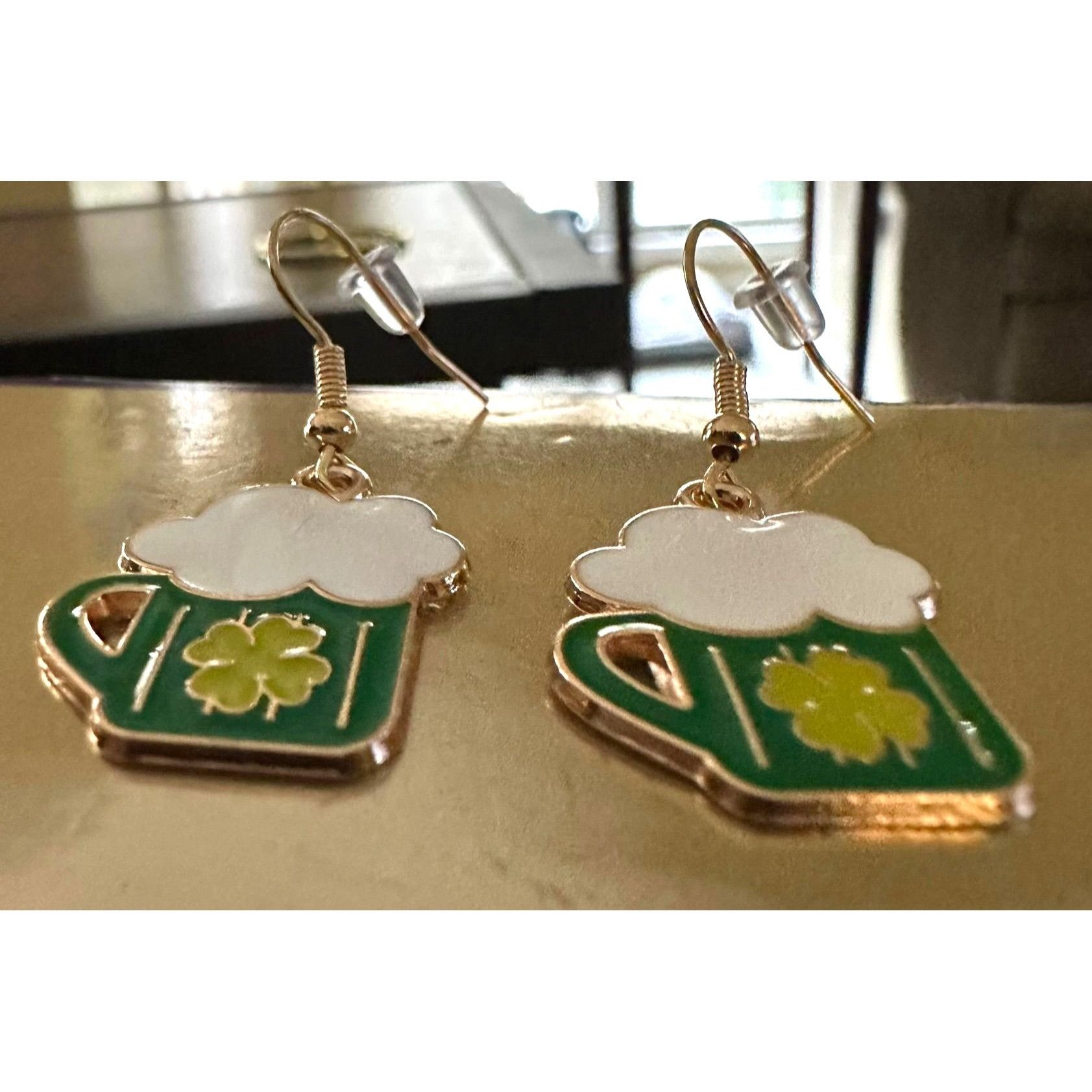 Handmade St Patricks Day Earrings Beer Four Leaf Clover Dangle Hooks Size ONE SIZE - 4 Thumbnail