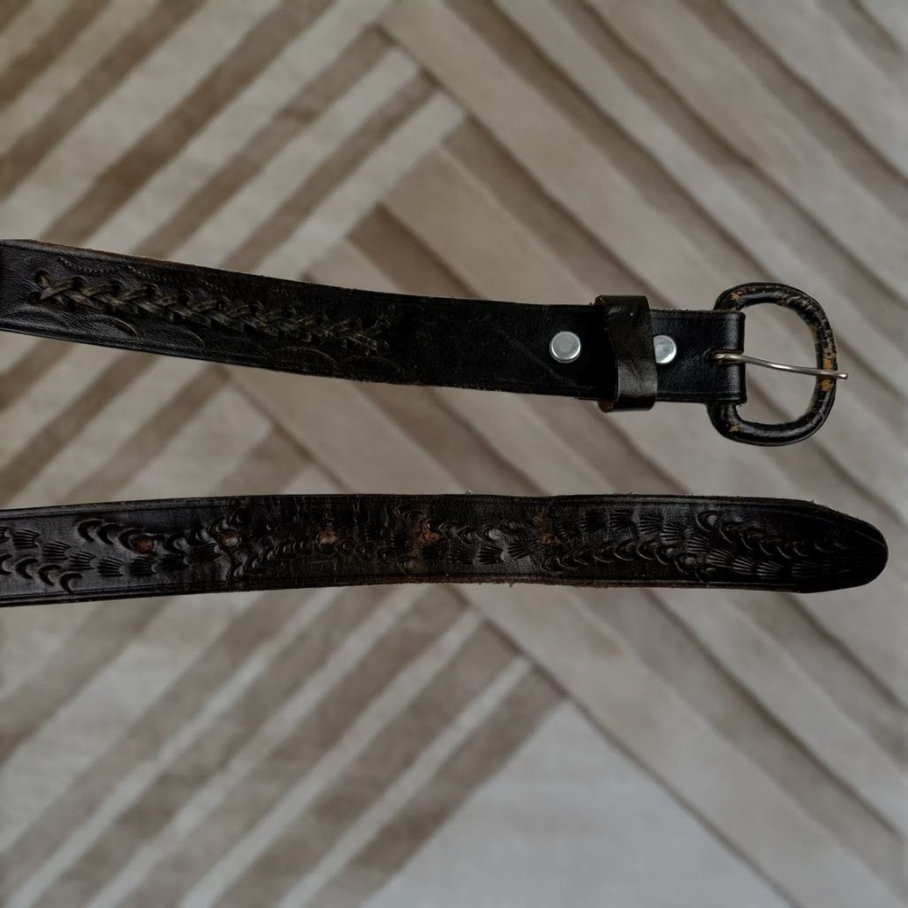 Vintage VINTAGE Handmade Western Belt 42 Mens Dark Brown Leather Distressed Whipstitch Embossing Belt Size 42 - 1 Thumbnail