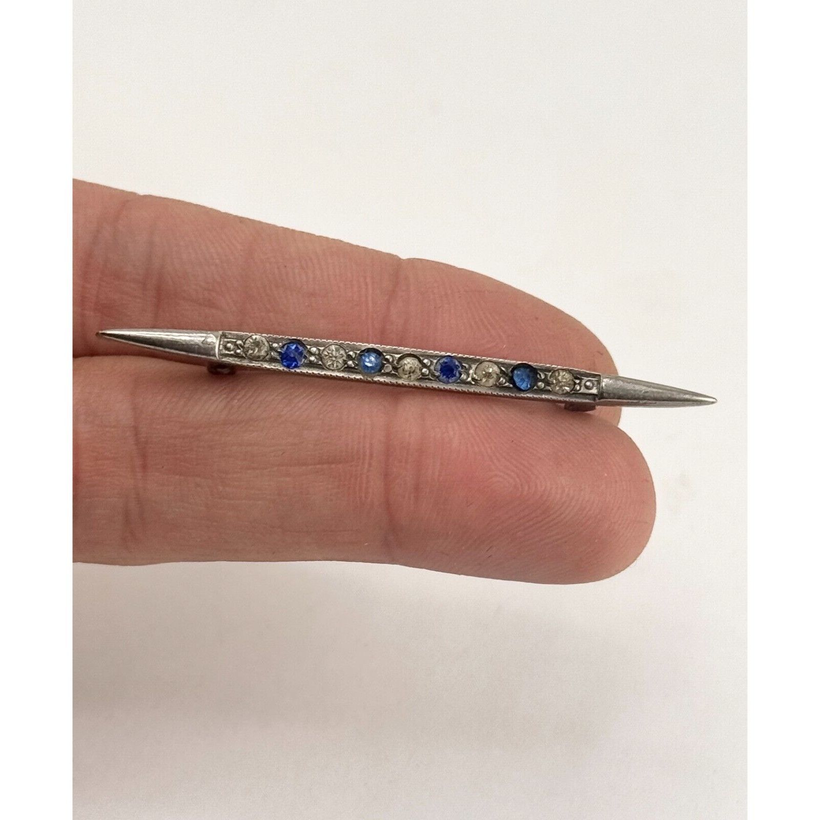 Vintage Estate art deco blue glass rhinestone bar pin Size ONE SIZE - 2 Thumbnail
