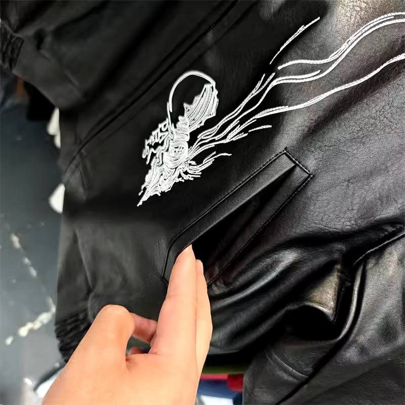 Japanese Brand × Vintage unisex zippered leather jacket with embroidery Size US L / EU 52-54 / 3 - 8 Thumbnail