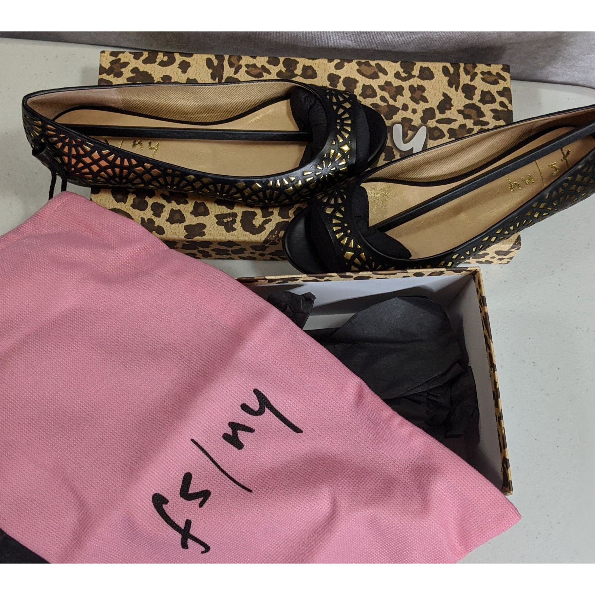 Other FS/NY Black & Gold "Black Nappa" Laser-Cut Peep Toe Flats Size US 5.5 / IT 35.5 - 8 Thumbnail