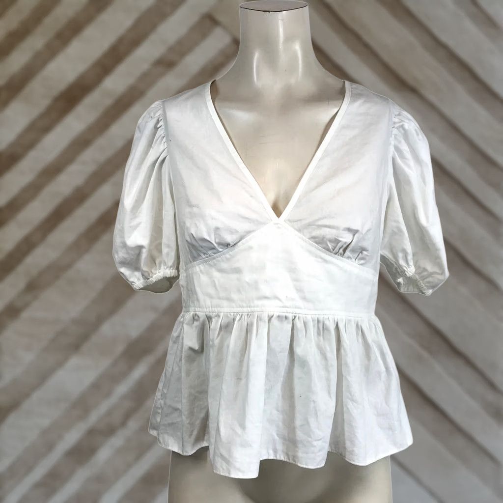 Topshop TOPSHOP White Puff Sleeve Peplum V-Neck Button Back Blouse Top US 6 UK 10 Size M / US 6-8 / IT 42-44 - 1 Thumbnail