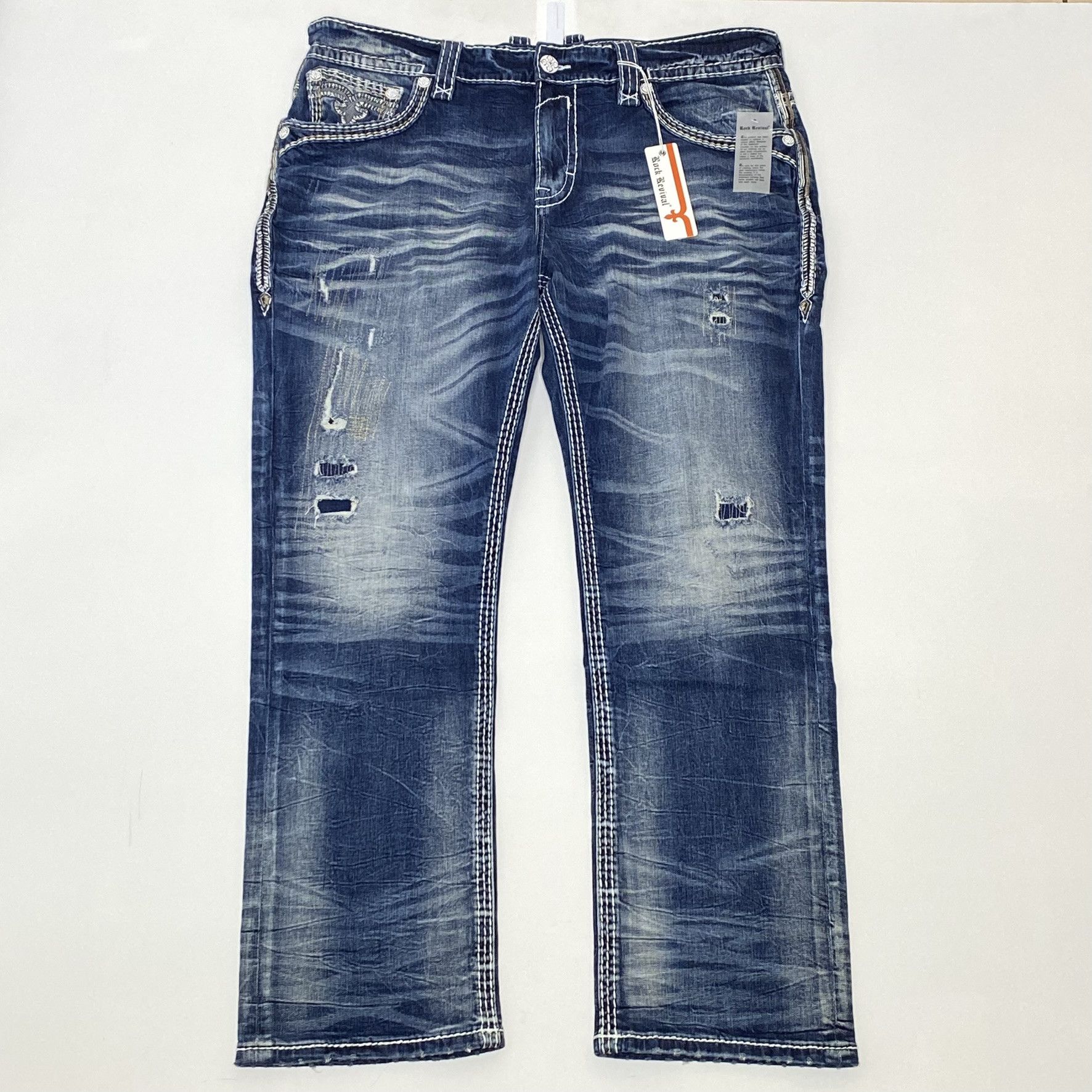 image of Rock Revival Jeans Blue Hadriel Straight Denim Distressed, Men's (Size 33)