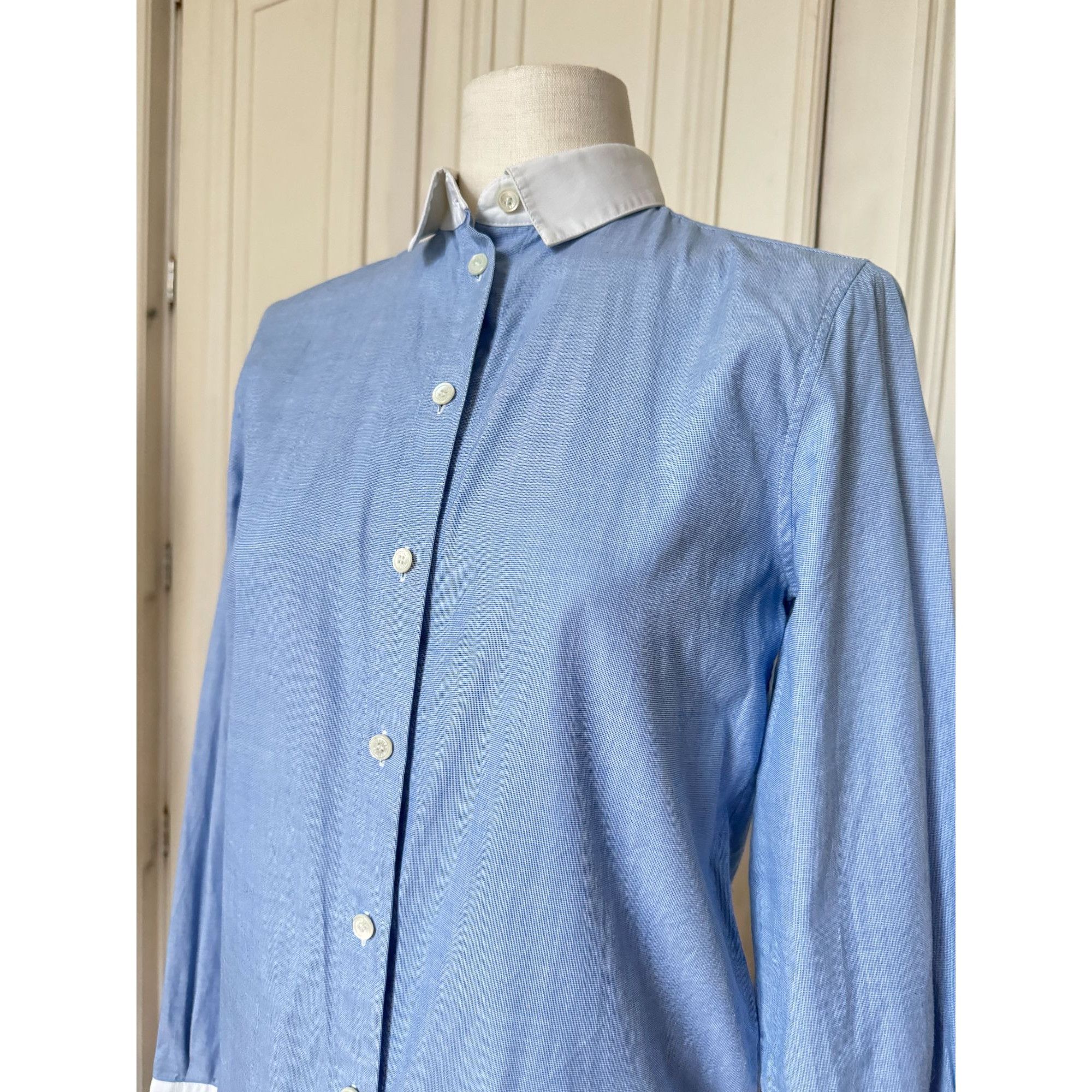 Celine Phoebe Philo Blue Shirt with White Contrast Collar & Cuffs Size S / US 4 / IT 40 - 2 Thumbnail