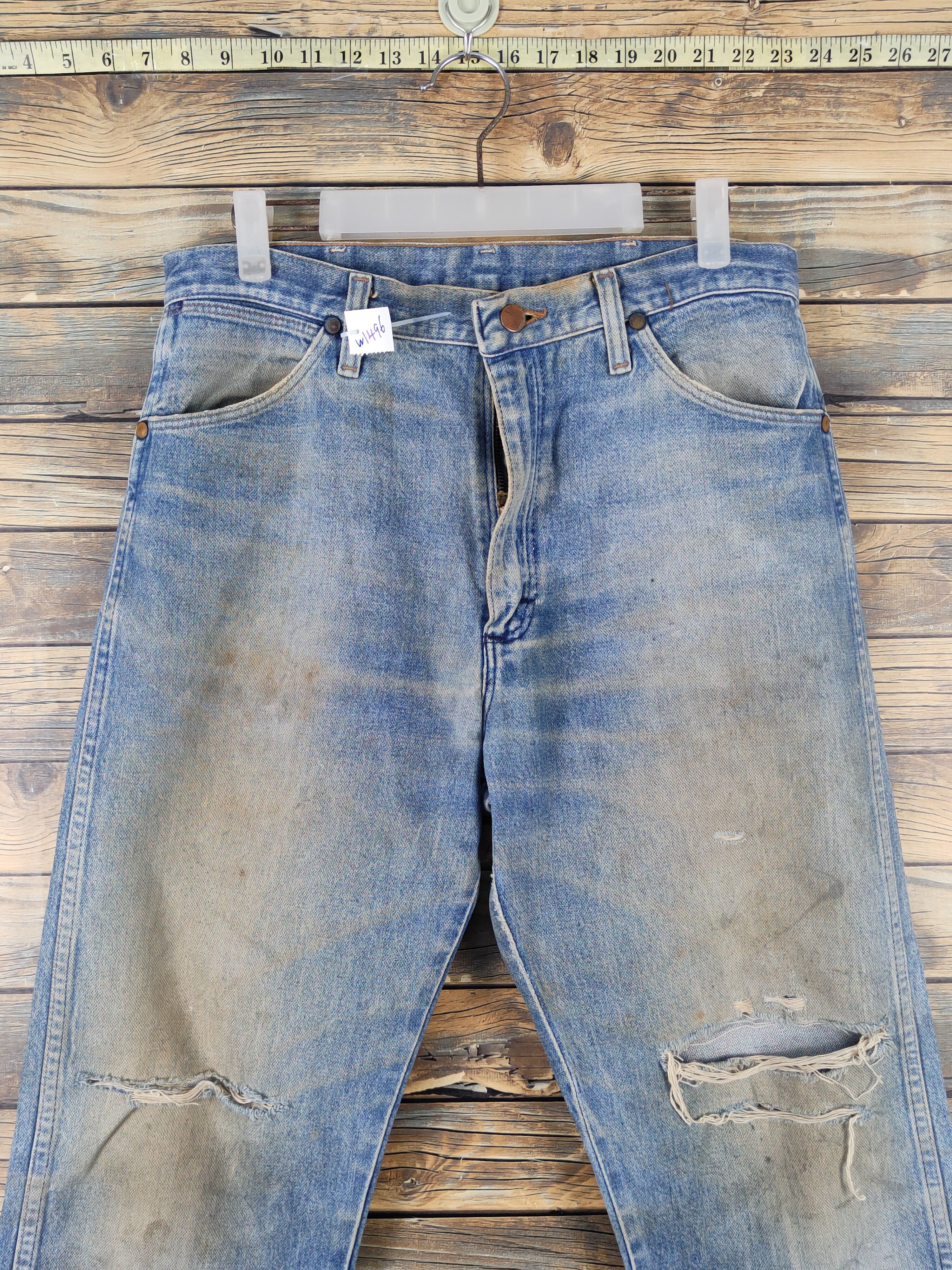 Japanese Brand Wrangler Blue Distressed Ripped denim Jeans #W1496 Size US 31 - 2 Thumbnail