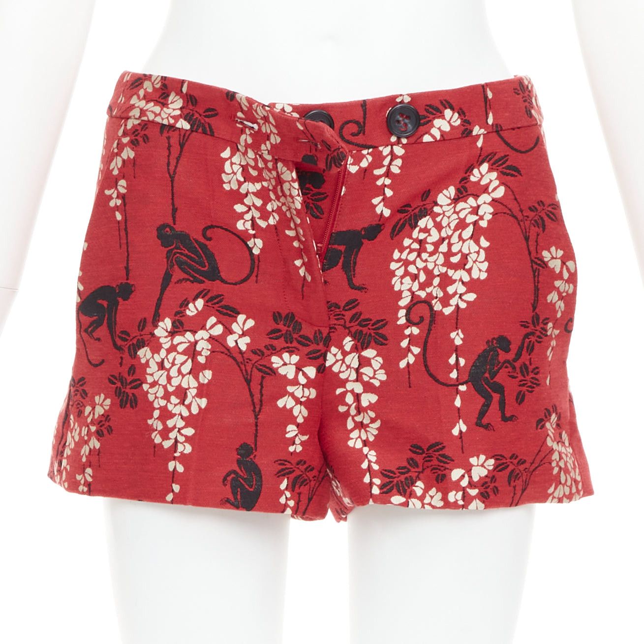 RED Valentino RED VALENTINO red monkey floral cotton blend jacquard mini shorts IT38 XS Size 26" / US 2 / IT 38 - 1 Thumbnail