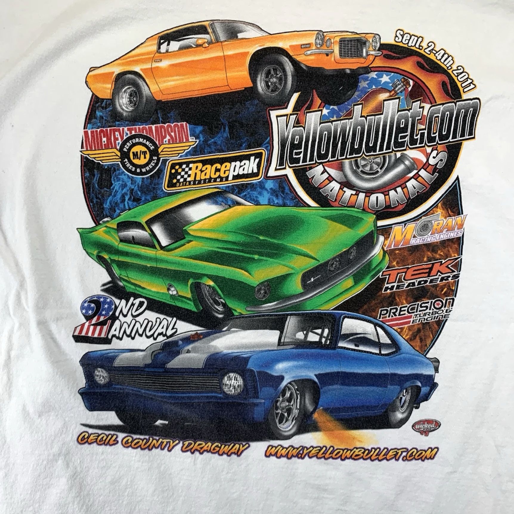 Gildan Men's Cotton Muscle Car T-Shirt XL White Yellow Bullet 2011 Dragway Cars Speed Graphic Print Size US XL / EU 56 / 4 - 2 Thumbnail