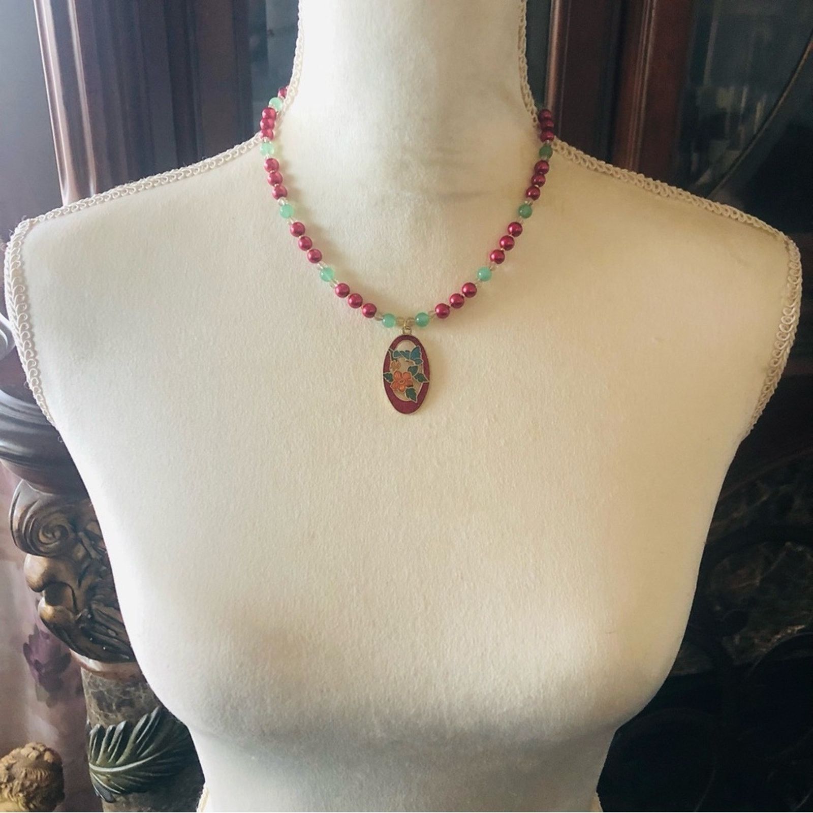 Handmade Handcrafted repurpose cloisonné Pearl necklace Size ONE SIZE - 5 Thumbnail