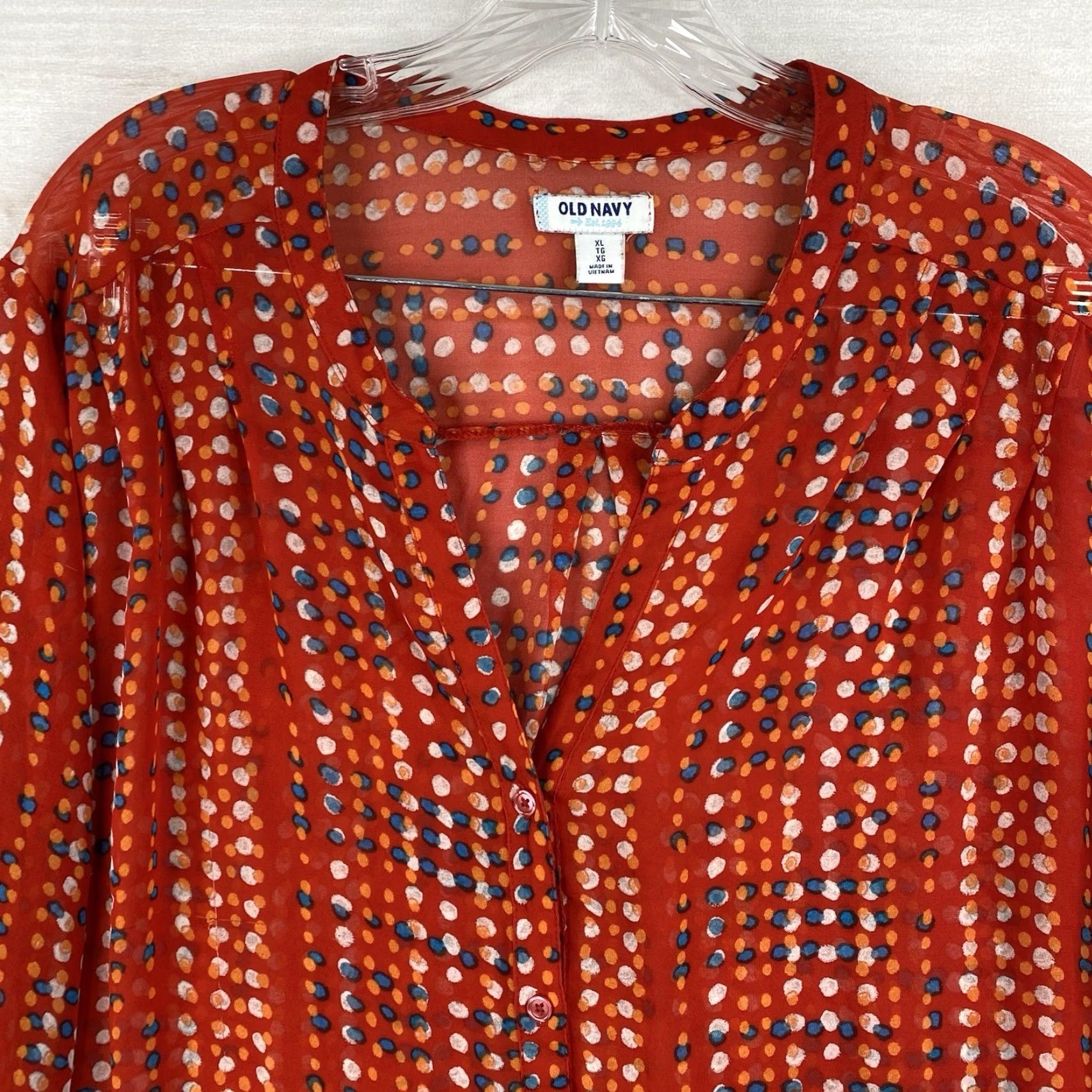 Old Navy Old Navy Top Womens XL Red Dotted Sheer Button Up V Neck Chiffon Beach Cruise Size XL / US 12-14 / IT 48-50 - 2 Thumbnail