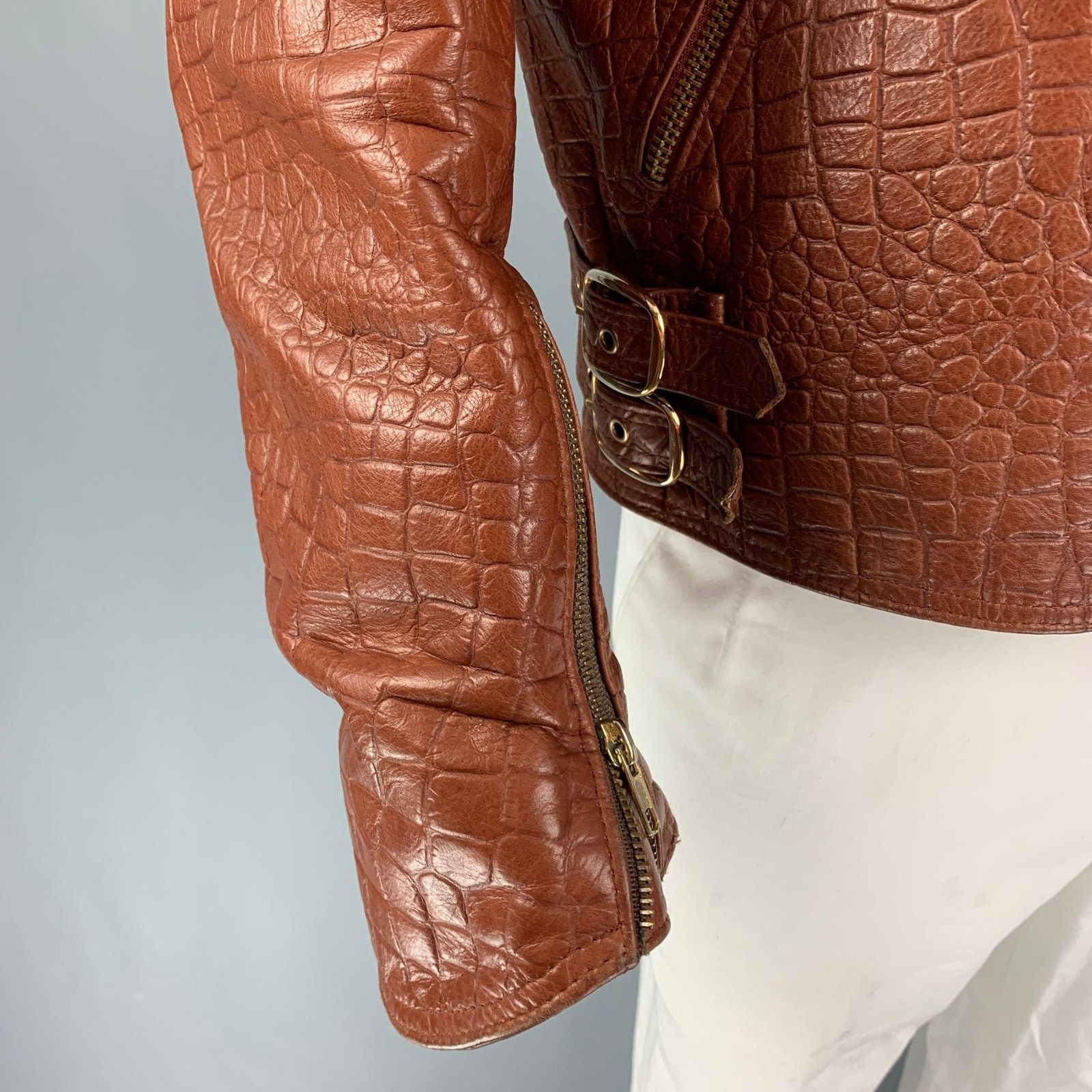 Other JAKE WOOD Size XL Brown Embossed Leather Biker Jacket Size US XL / EU 56 / 4 - 4 Thumbnail
