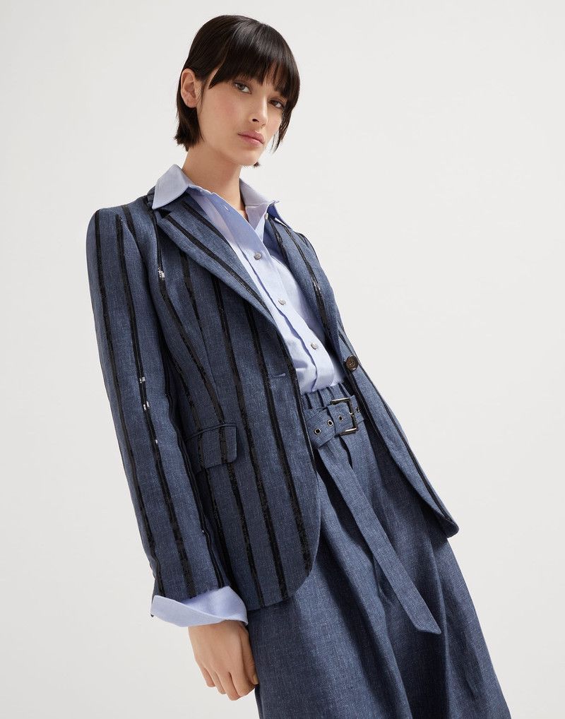 Brunello Cucinelli o1la1rc1a0326 Woven Wool Jacket in Blue/Black Size S / US 4 / IT 40 - 4 Thumbnail