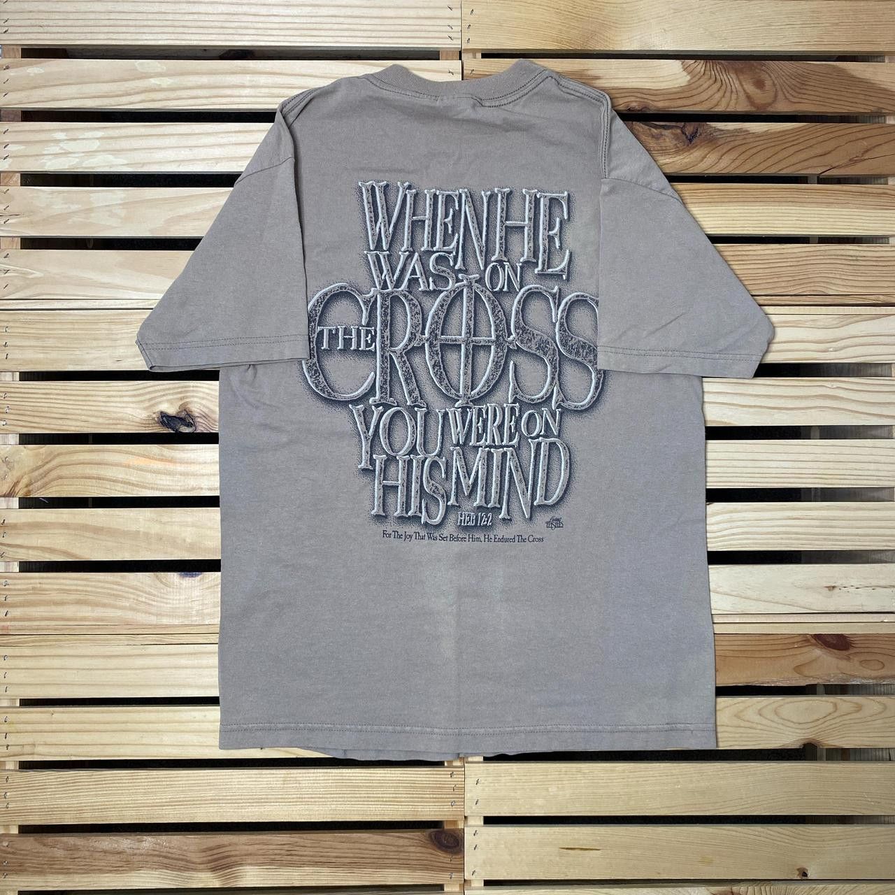 AAA Vintage Hebrews 12:2 Tan Bible Verse Jesus Tee Size Medium Size US M / EU 48-50 / 2 - 2 Thumbnail