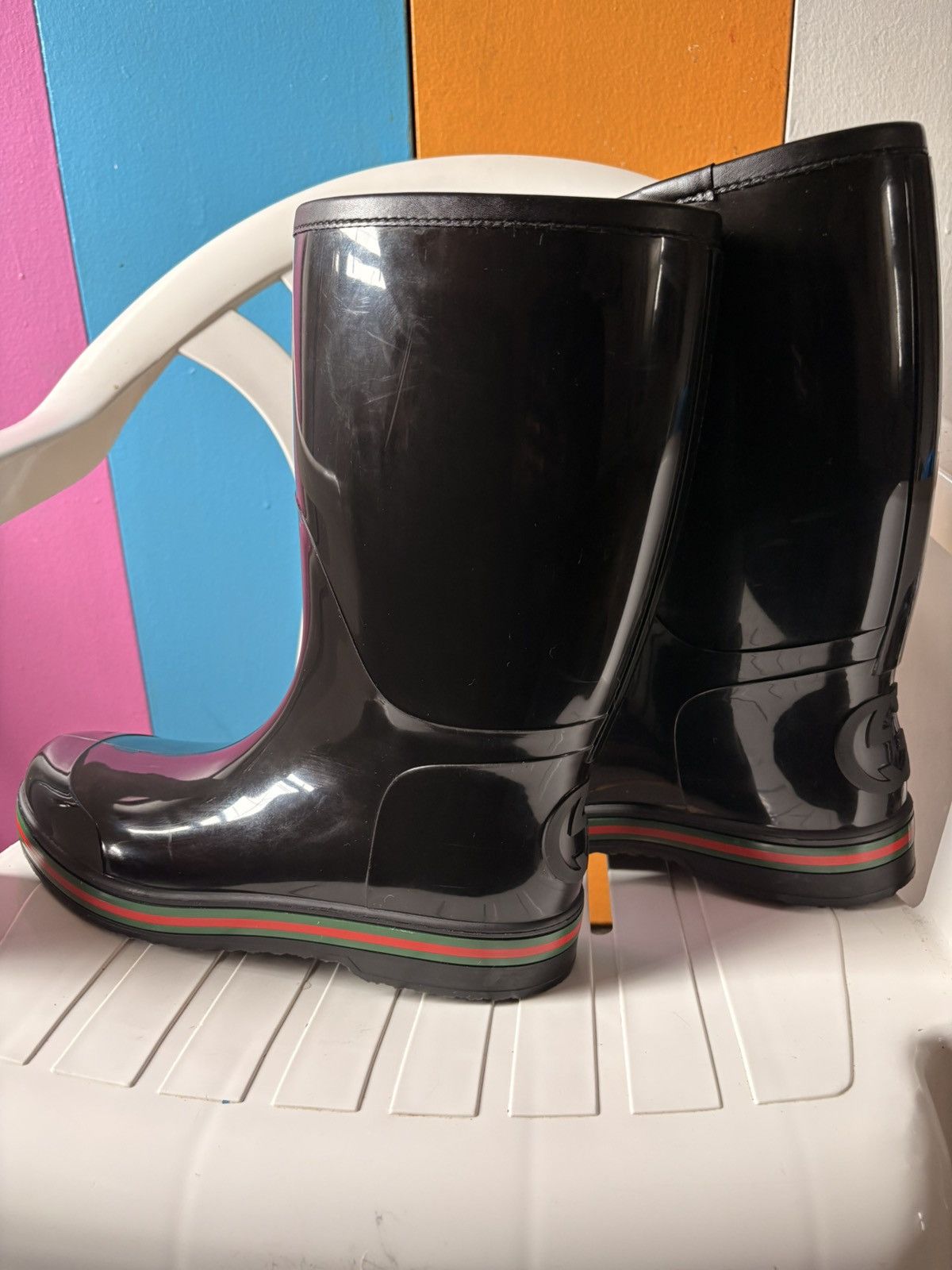 Gucci Gucci Men’s Black Rubber Rain Boots Web Stripe GG Logo Size US 10 / EU 43 - 1 Thumbnail