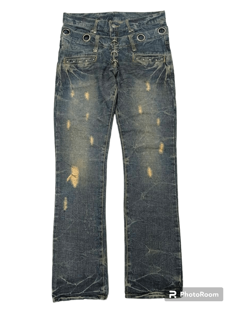 image of Distressed Denim x Hype Distressed Double Waist Studded Ring Unbrand Denim Pants in Blue Distressed