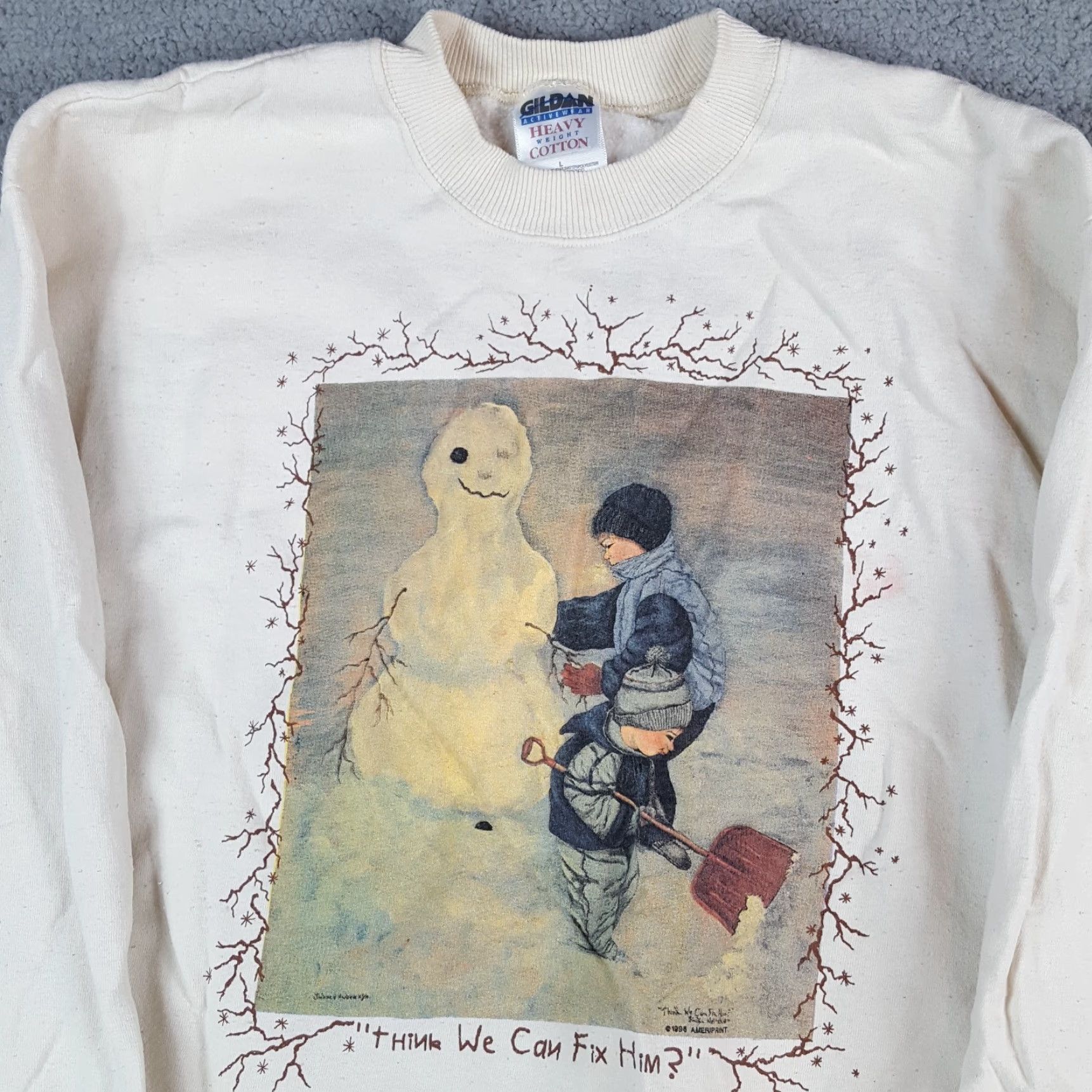 Gildan VINTAGE Snowman Christmas 90s Pullover Sweatshirt Gildan Cotton Polyester Fleece Crew Neck White Men L Snow Art Size US L / EU 52-54 / 3 - 2 Thumbnail