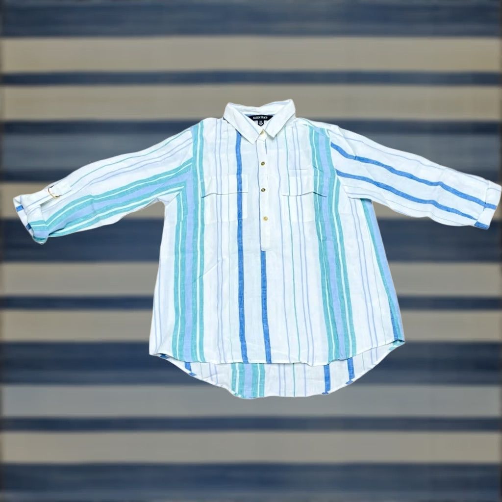 Vintage VINTAGE Ellen Tracy Shirt Womens 3/4 Sleeve Pullover Medium White Blue Green Chambray Buttoned Collar Casual 90s Regular Knit/ Cotton Blend Size M / US 6-8 / IT 42-44 - 1 Thumbnail