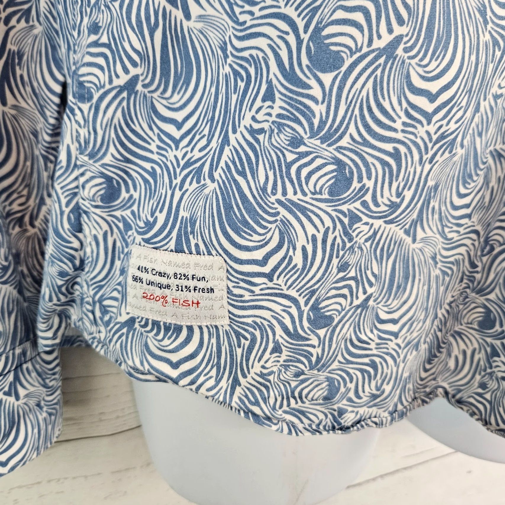FRED A Fish Named Fred Mens Button Up Shirt Zebra All Over Print Blue Sz M Size US M / EU 48-50 / 2 - 4 Thumbnail