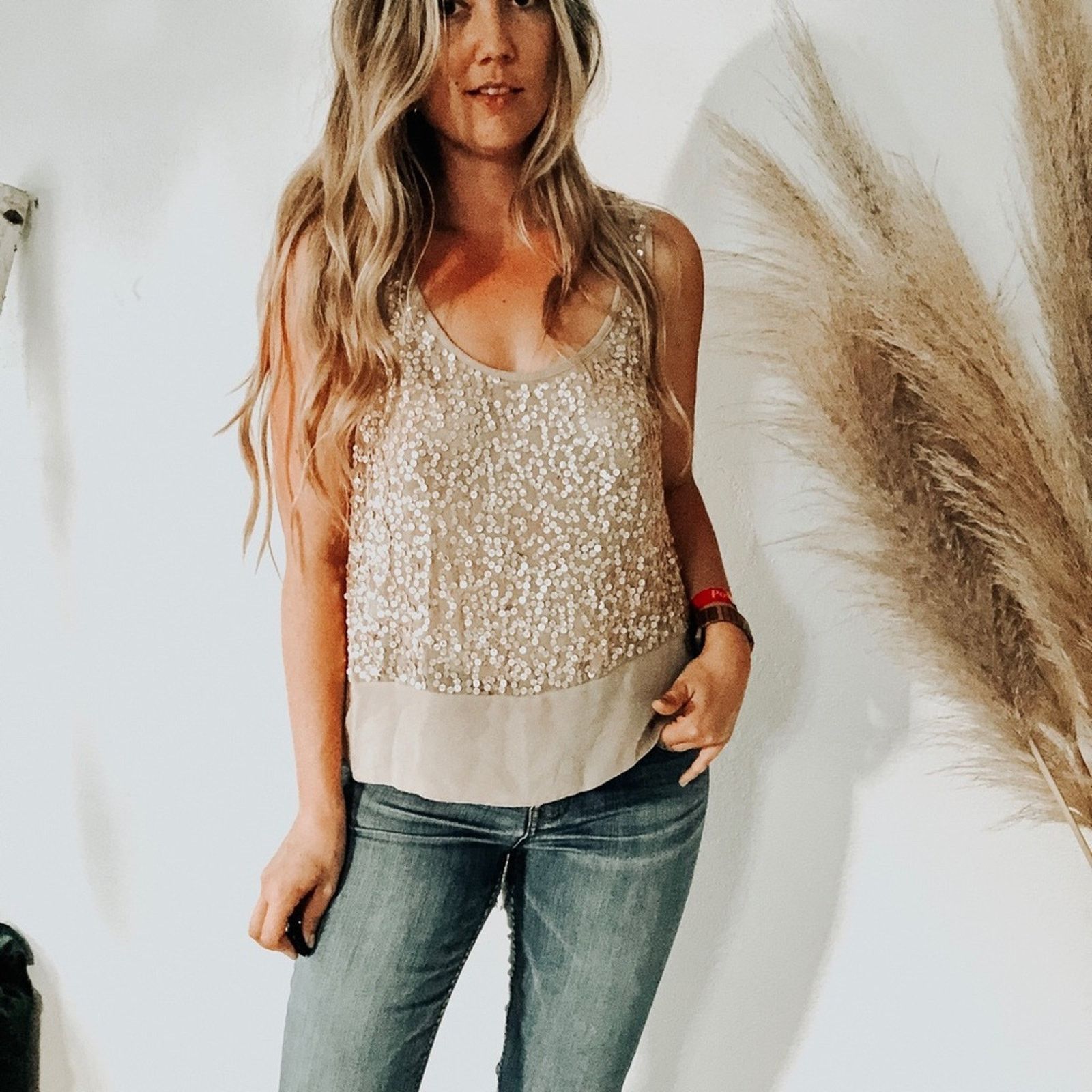 Nordstrom NORDSTROM Cream Sequin Sparkle Beaded Blouse Tank Top Shirt Size M / US 6-8 / IT 42-44 - 1 Thumbnail