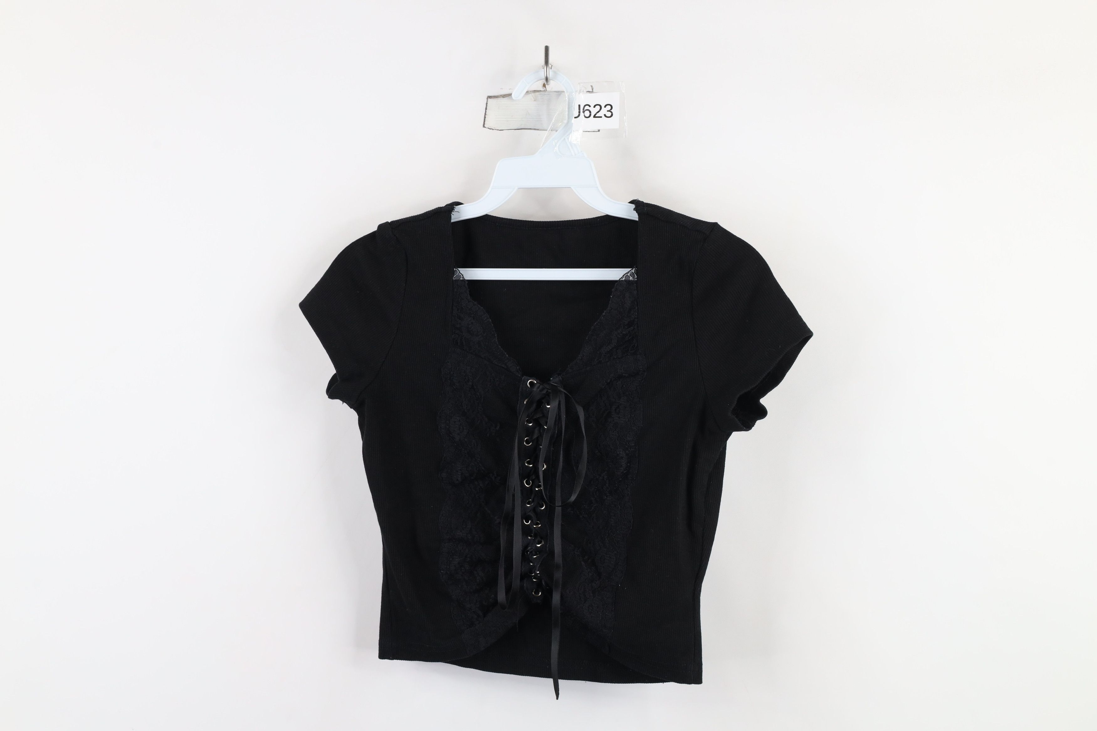 Vintage Vintage 90s Y2K Babydoll Ribbed Lace Tie Bella T-Shirt Black Size L / US 10 / IT 46 - 1 Thumbnail