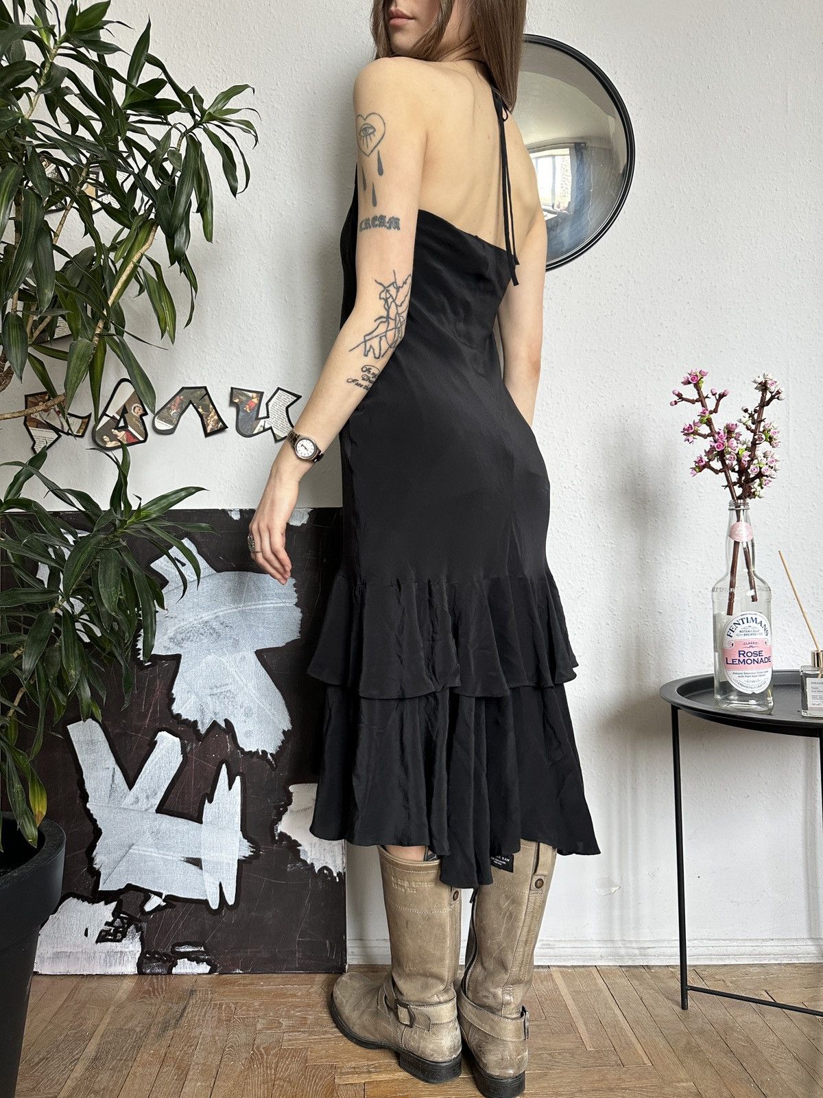 SikSilk × Vintage Vintage Silk Black Ruffle Ruched Halter Evening Dress Size M / US 6-8 / IT 42-44 - 7 Thumbnail