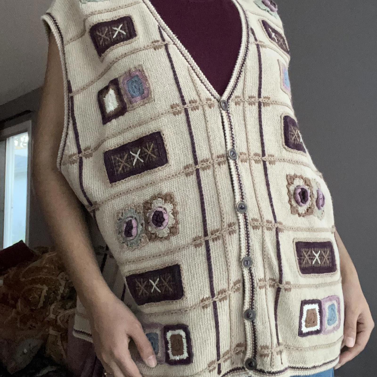Other Cream and brown purples vintage knit vest knit Size XXL / US 16-18 / IT 52-54 - 5 Thumbnail