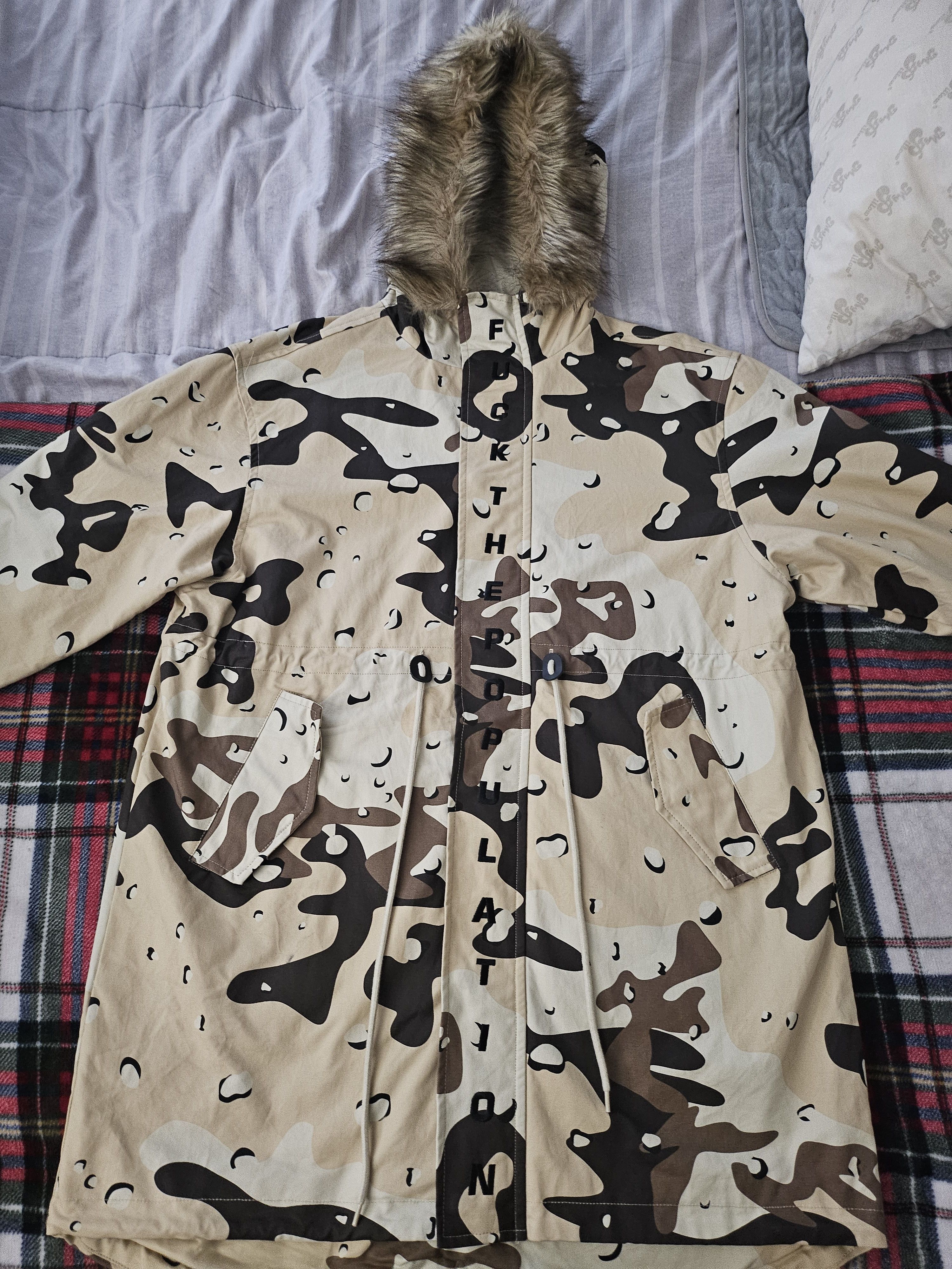 image of Fuck The Population Ftp Spellout Fishtail Parka Desert Camo, Men's (Size Large)