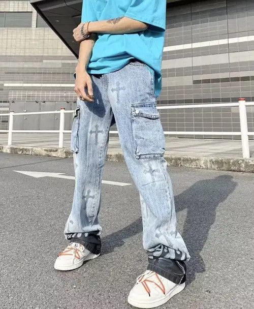 image of Graffiti Denim Cargo Pants in Blue, Men's (Size 30)