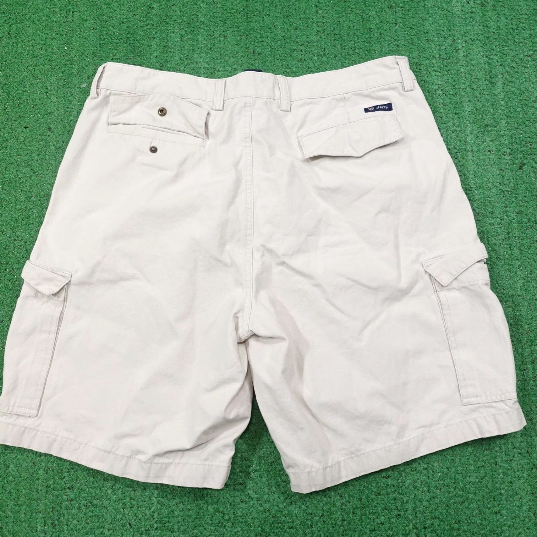 Chaps VINTAGE no — wait; actually Vintage not. So: CHAPS Cargo Shorts Mens 36 Khaki Beige Cotton 9" Inseam Multi Pocket Outdoor Utility Belt Loops 36 Mens Size US 36 / EU 52 - 4 Thumbnail