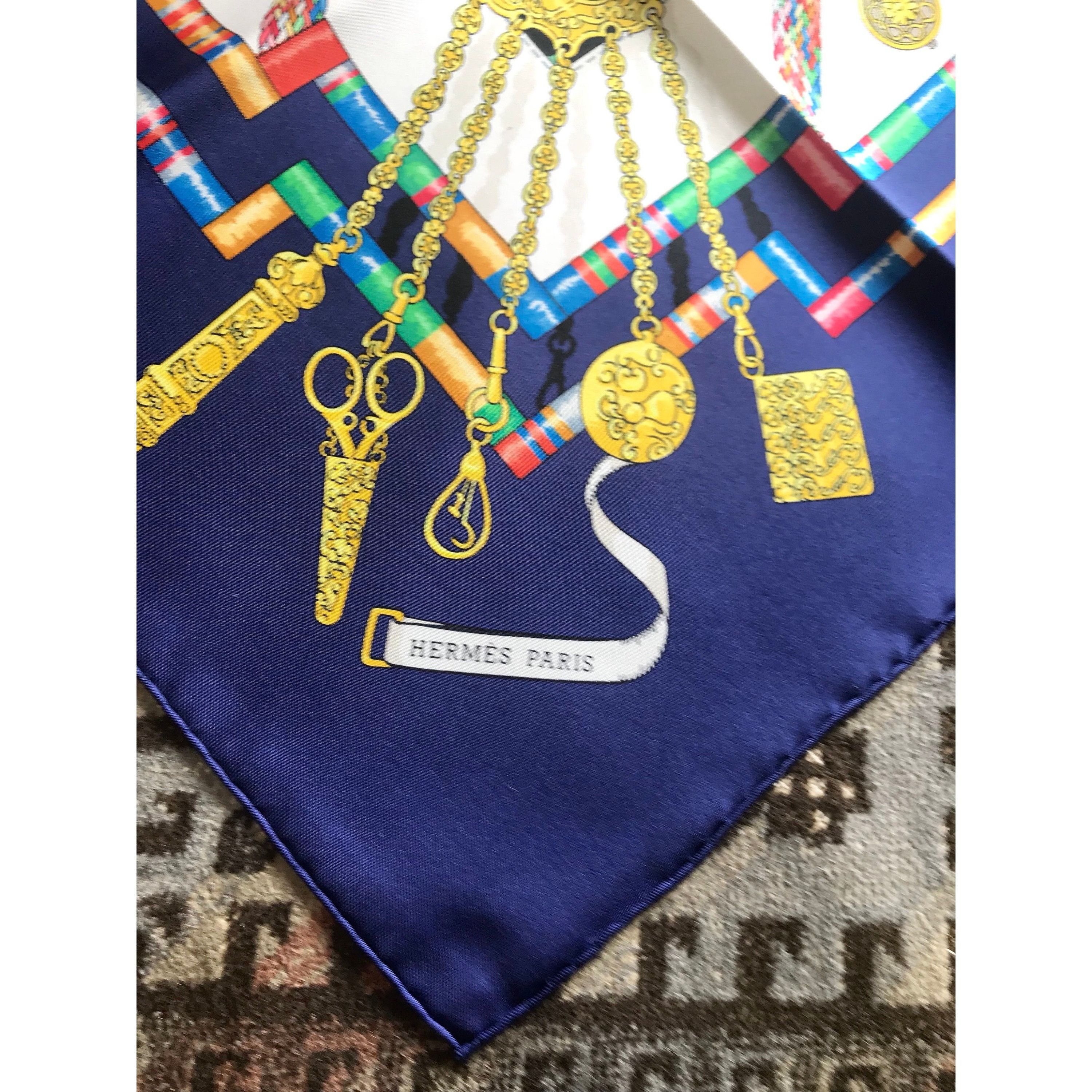 Hermes Vintage HERMES Carre navy silk scarf with yellow, pink, gree Size ONE SIZE - 7 Thumbnail