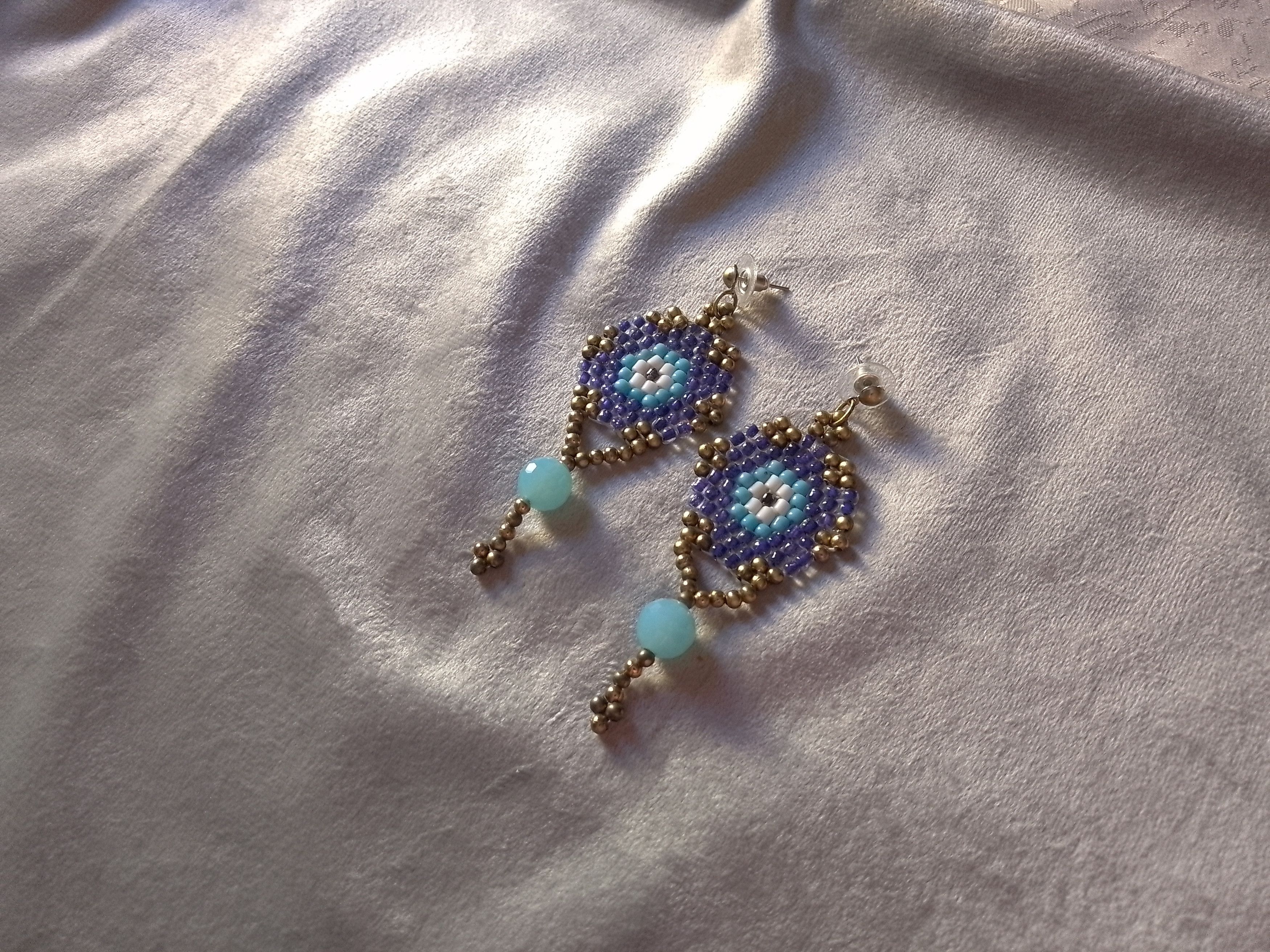 Handmade Earrings Eye Shaped Beaded Blue Crystal Lucky Charm Size ONE SIZE - 6 Thumbnail