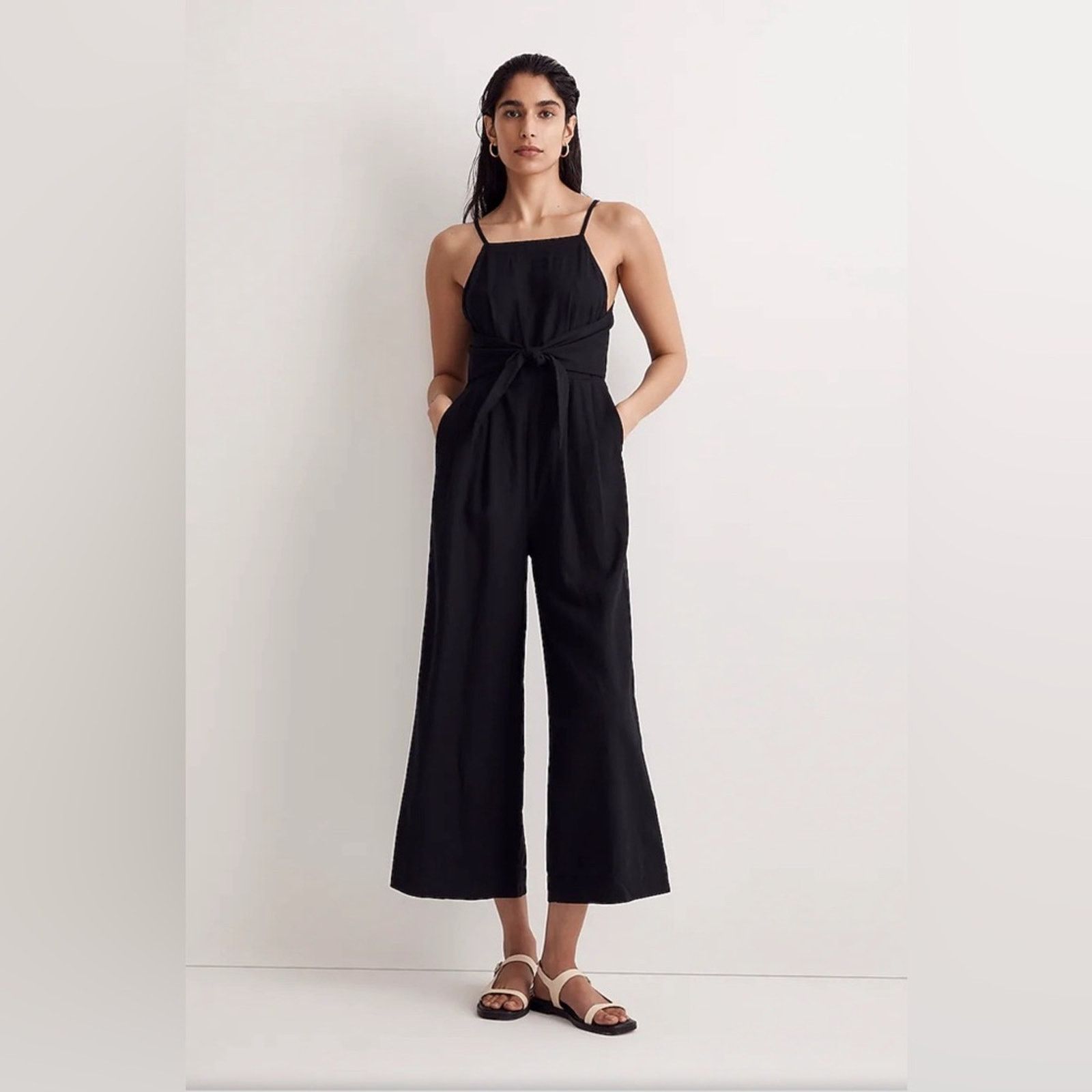 image of Madewell Petite Tie-Waist Crop Wide-Leg Jumpsuit Romper 2 in Black, Women's (Size 26)