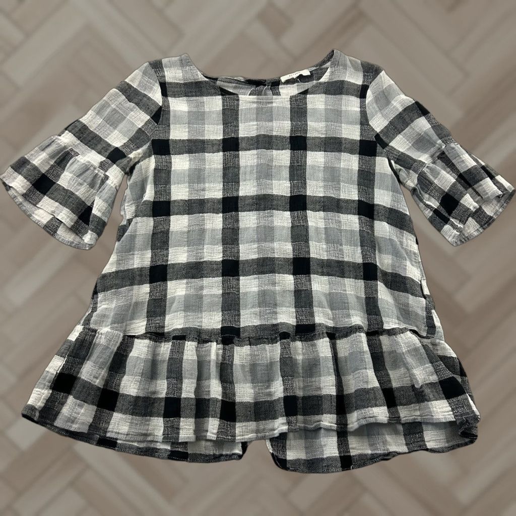 Vintage Pleione Plaid Short Ruffle Sleeve Linen Cotton Top Women's XS Black White Size XS / US 0-2 / IT 36-38 - 1 Thumbnail