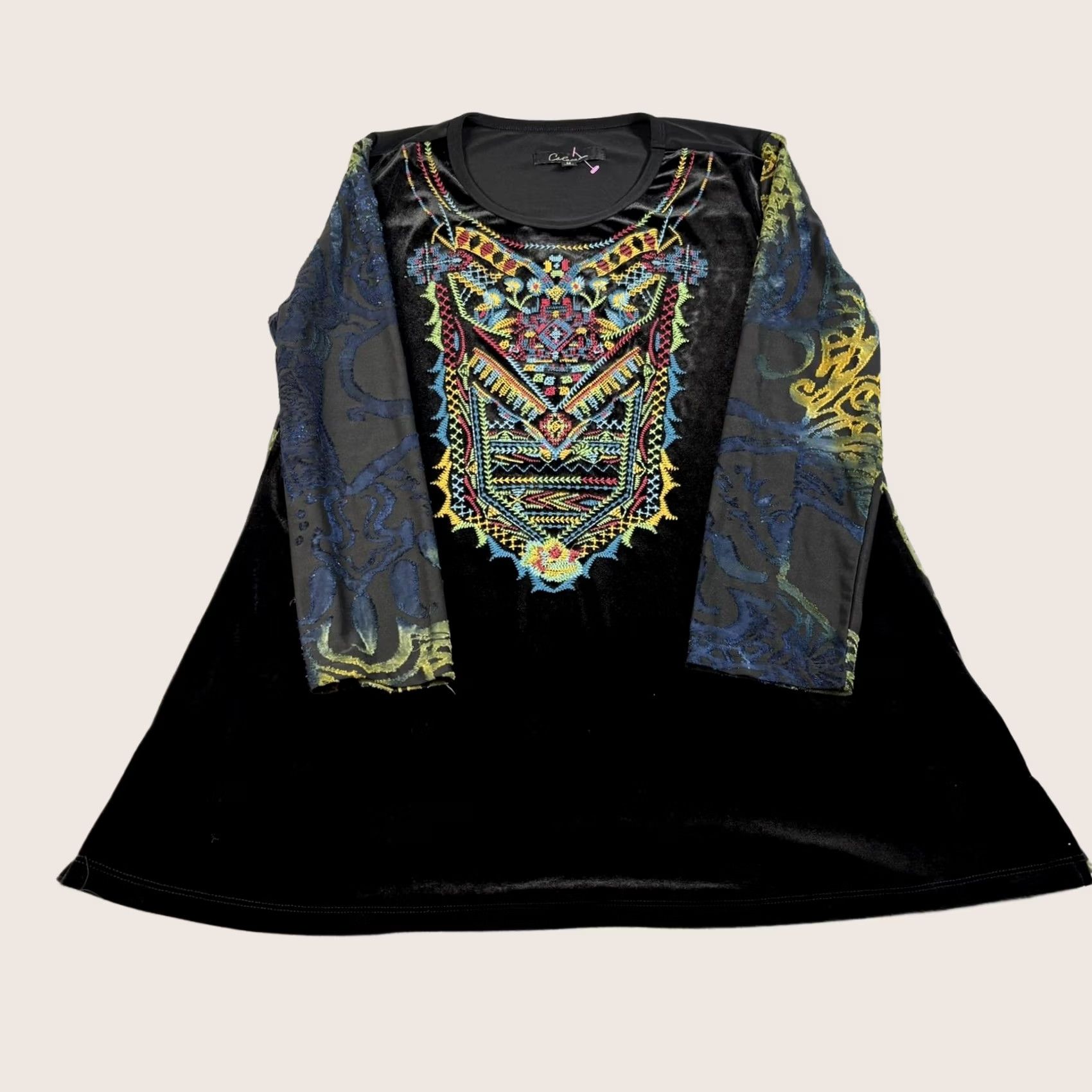 Vintage Calessa Shirt Women M Black Velvet Burnout Embroidered Geometric Boho Tunic Blouse Size M / US 6-8 / IT 42-44 - 1 Thumbnail