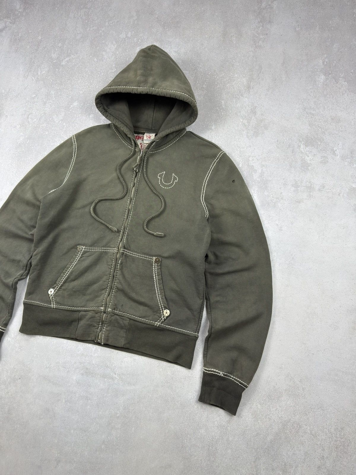 True Religion Vintage True Religion Zip Hoodie Big-T Khaki Washed Destroye Size US L / EU 52-54 / 3 - 3 Thumbnail