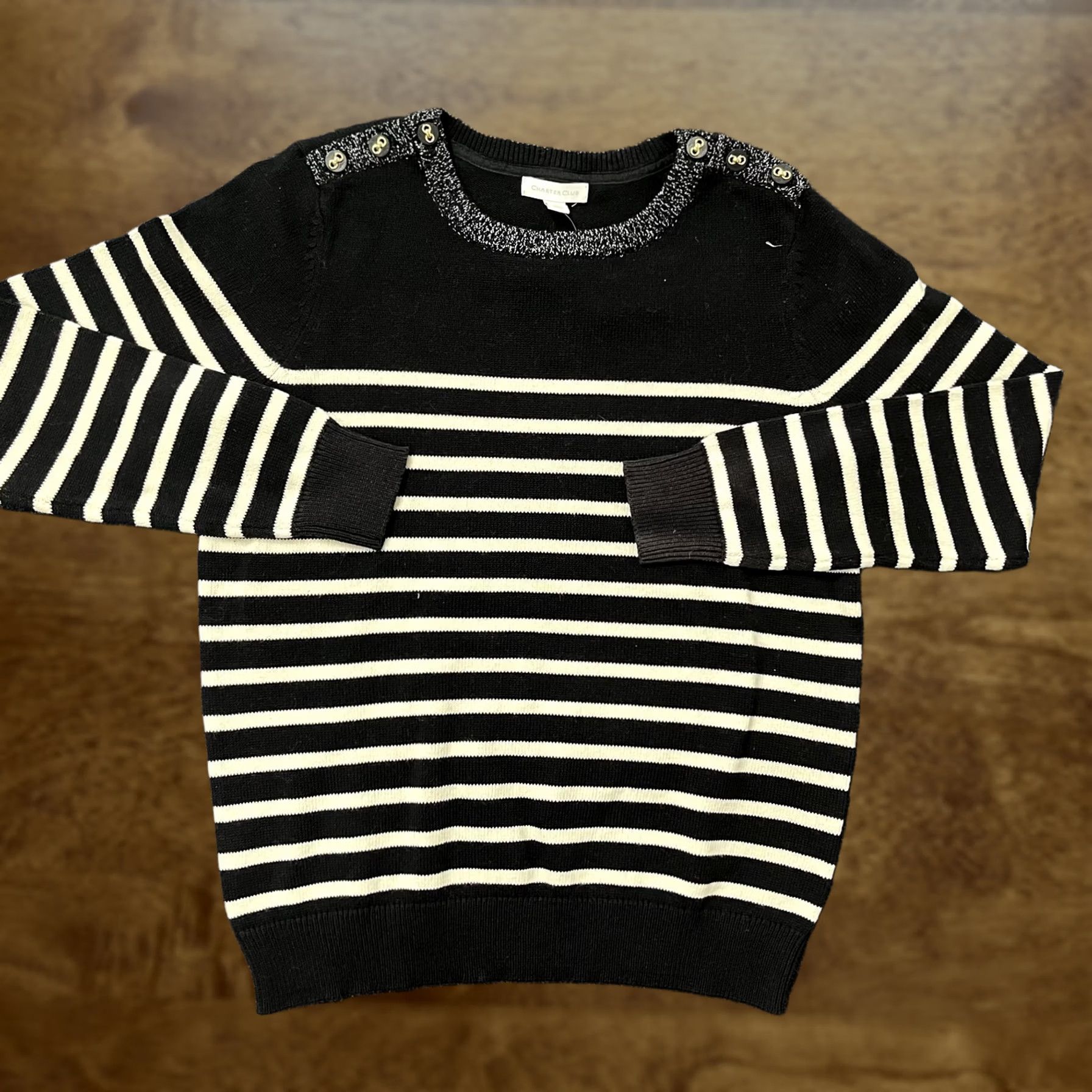 Charter Club Charter Club Sweater Womens Medium Black White Stripe Crewneck Shoulder Buttons Size M / US 6-8 / IT 42-44 - 1 Thumbnail