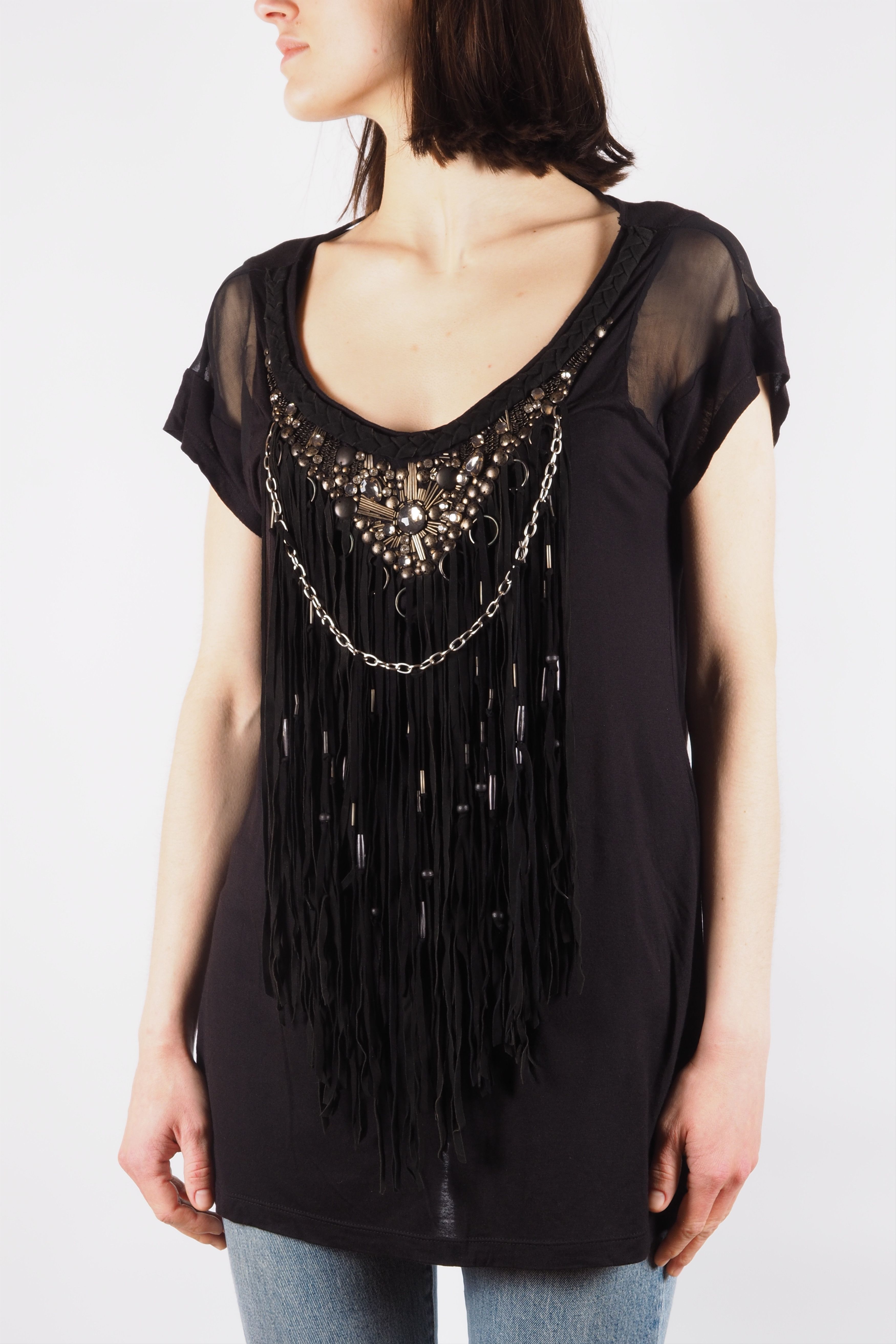 Roberto Cavalli Roberto Cavalli Jewel Embellished Fringed Tunic Top Black Size M / US 6-8 / IT 42-44 - 2 Thumbnail