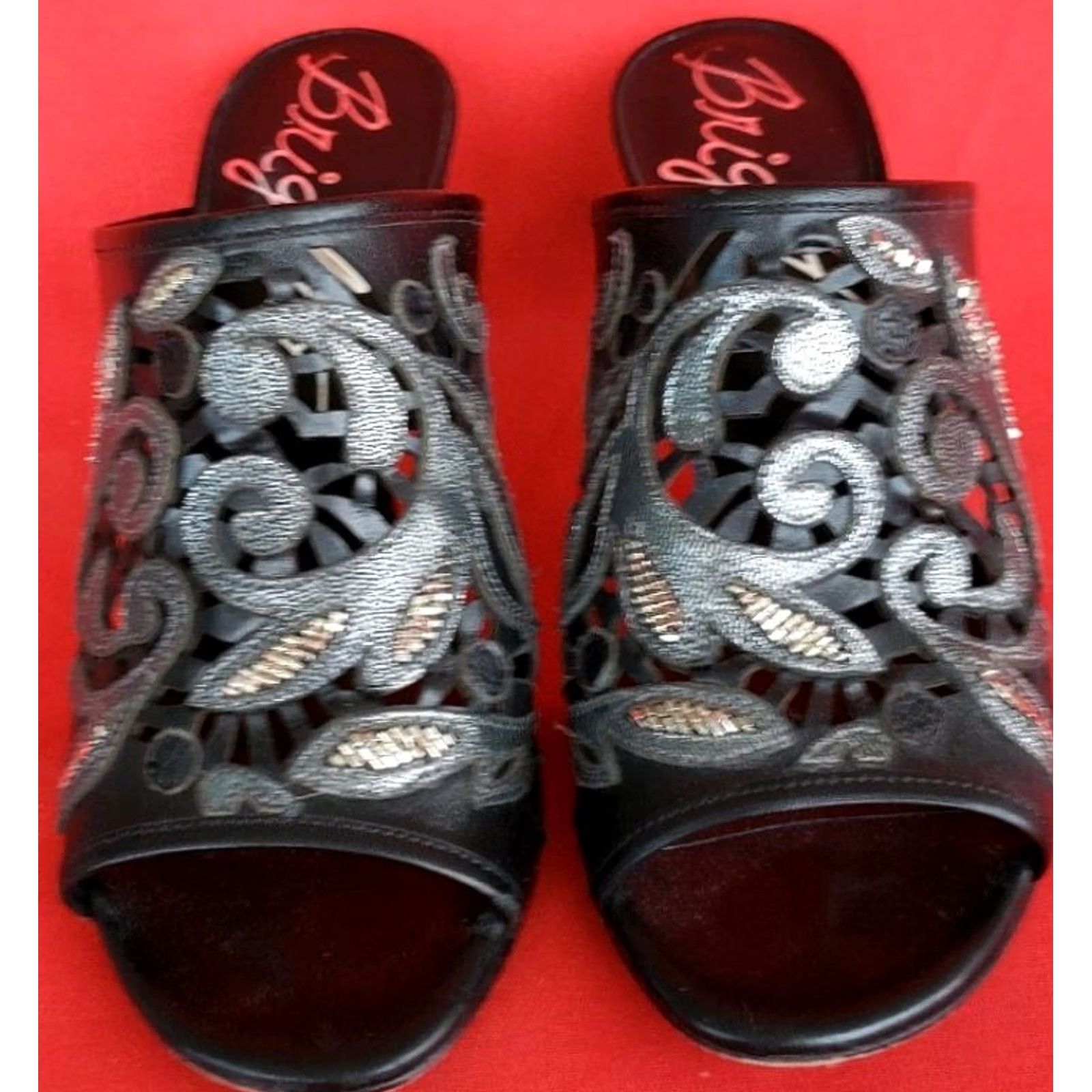Brighton VINTAGE Brighton Revue Women's Sandal 7.5M Black Perforated Design Silver Accent 3" Heel Size US 6 / IT 36 - 6 Thumbnail